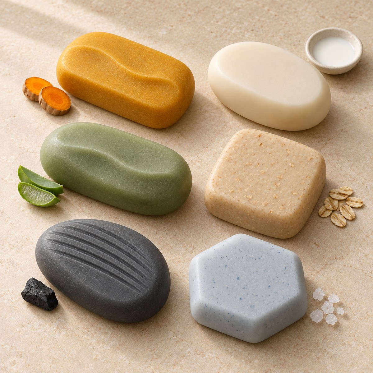 Turmeric, goat milk, botanical, oatmeal, charcoal and sea salt bars illustrating custom soap formulas