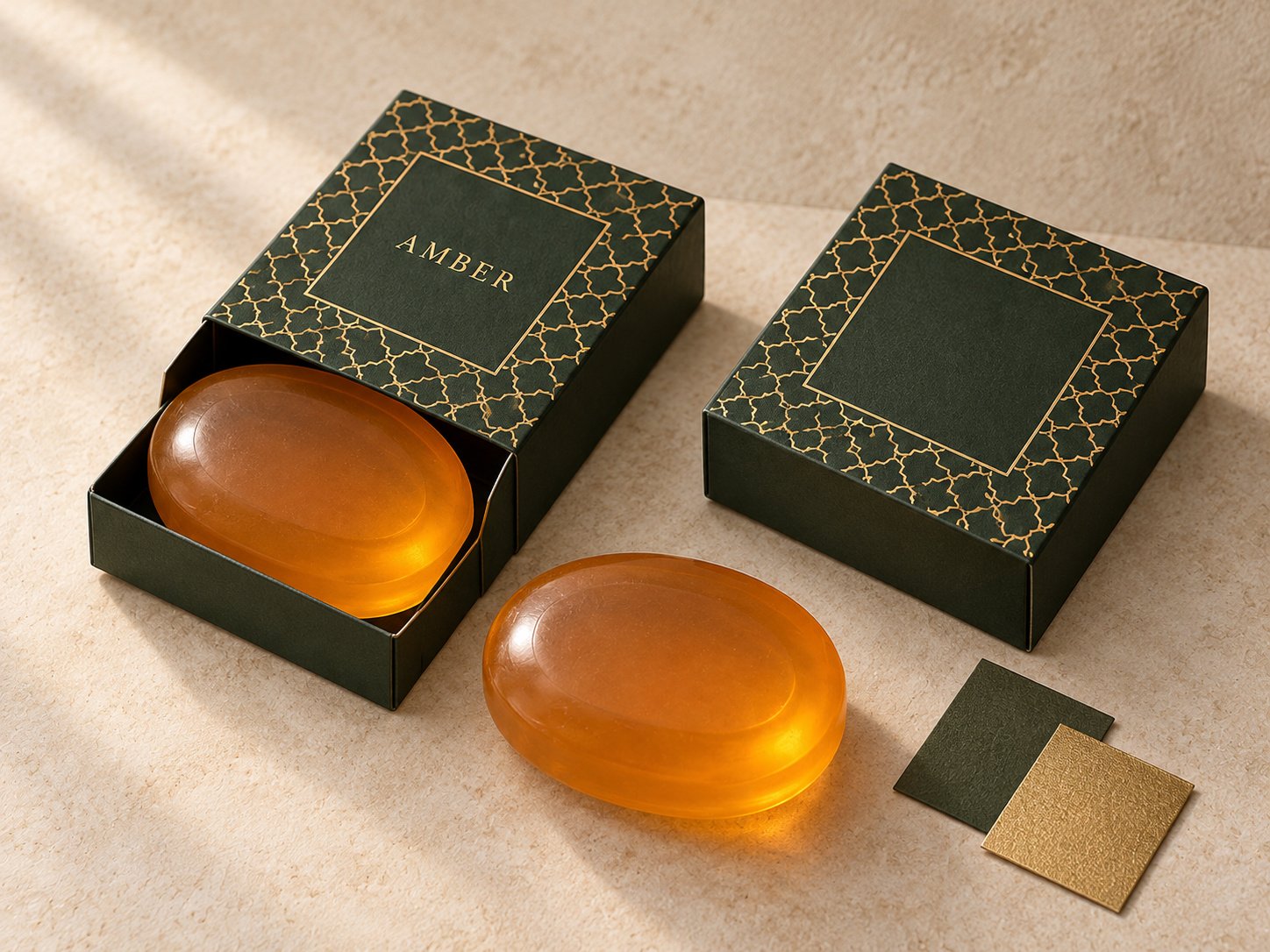 Amber oval soaps with green patterned drawer boxes and a matching card