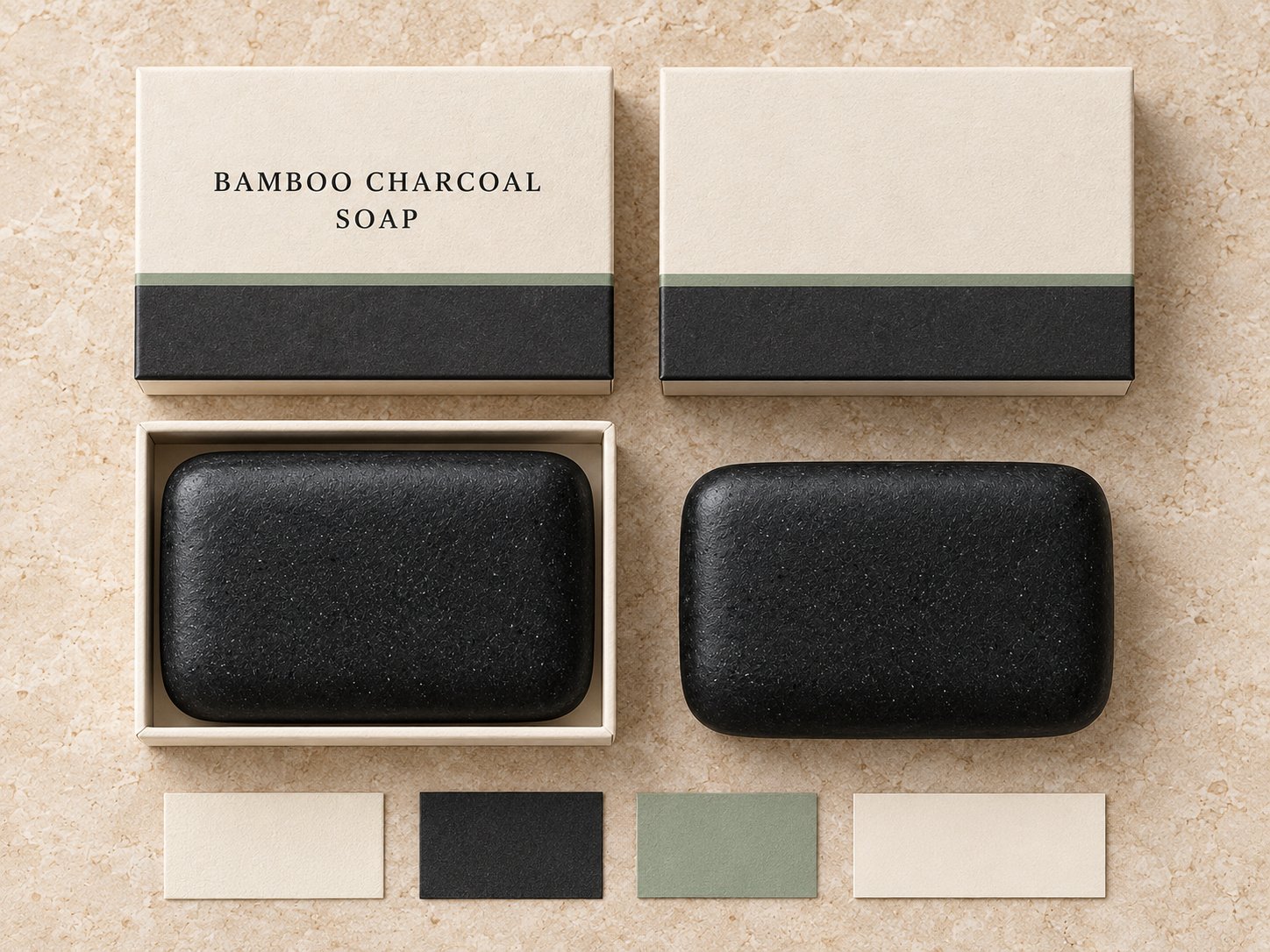Bamboo charcoal soap private label packaging concept with box, insert and color cards