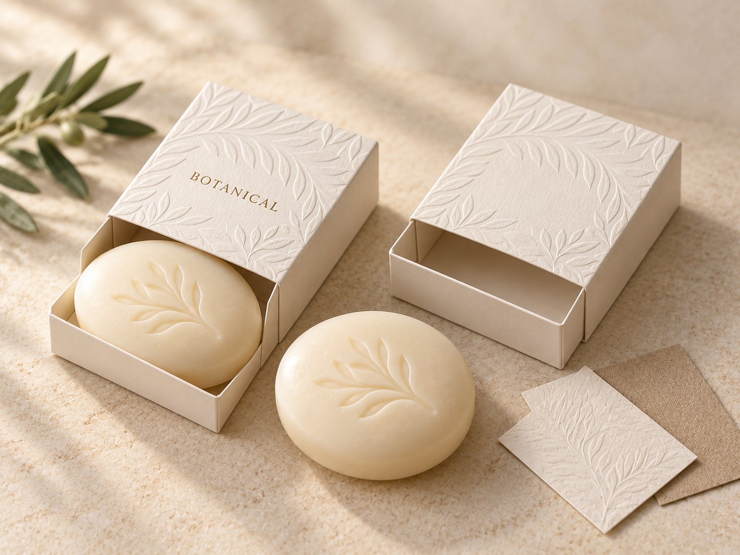 Round embossed soap with drawer boxes and a matching botanical card