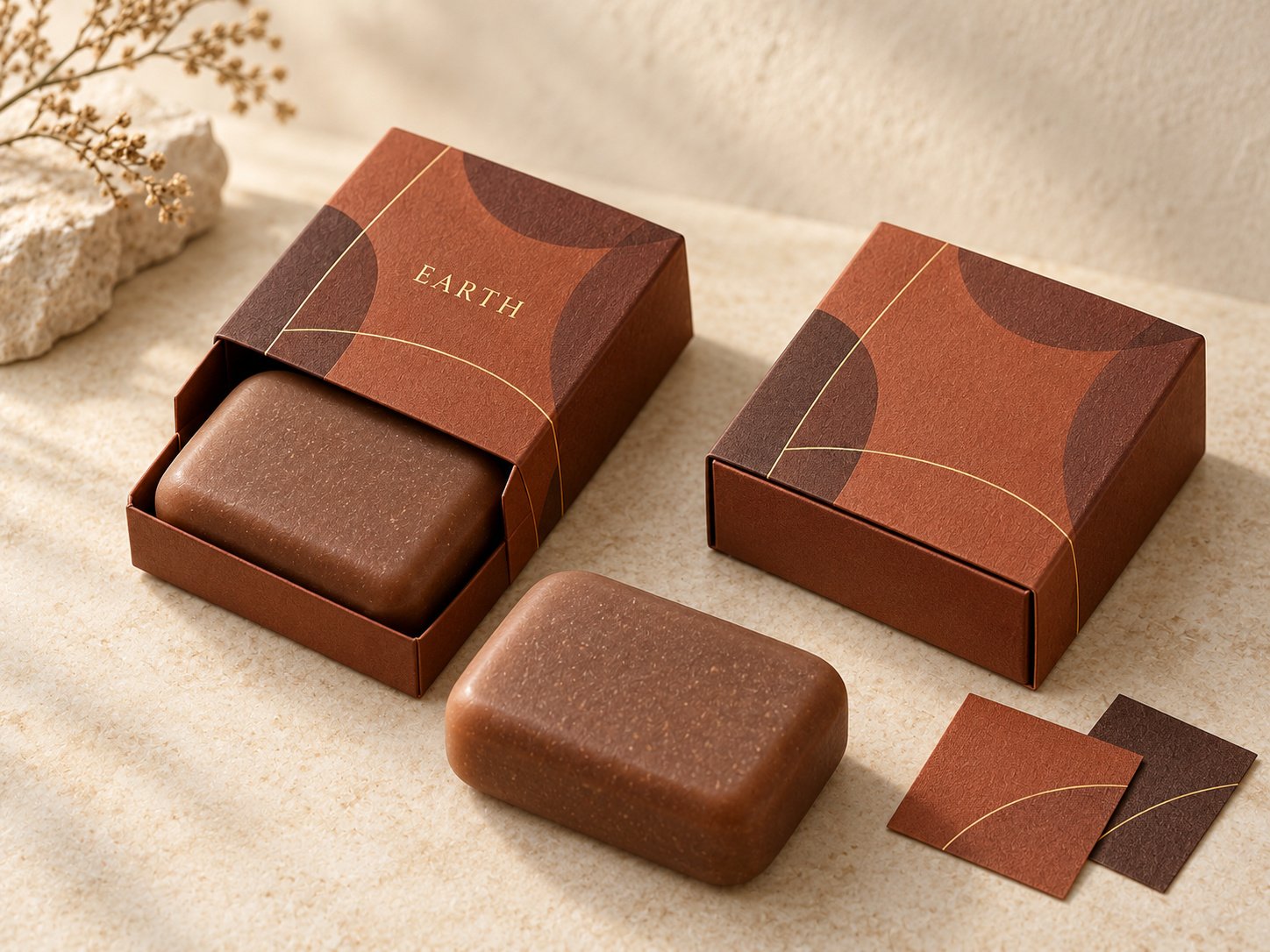 Brown rectangular soaps with terracotta drawer boxes and a matching brand card