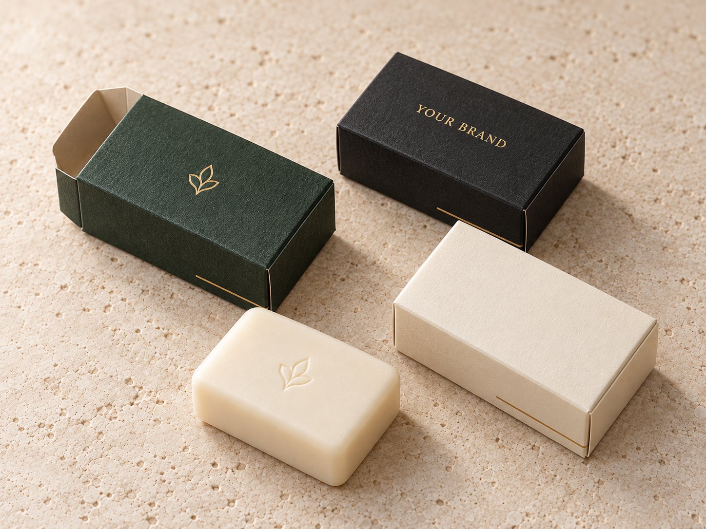 Rectangular hotel soap with green, dark and ivory carton packaging concepts