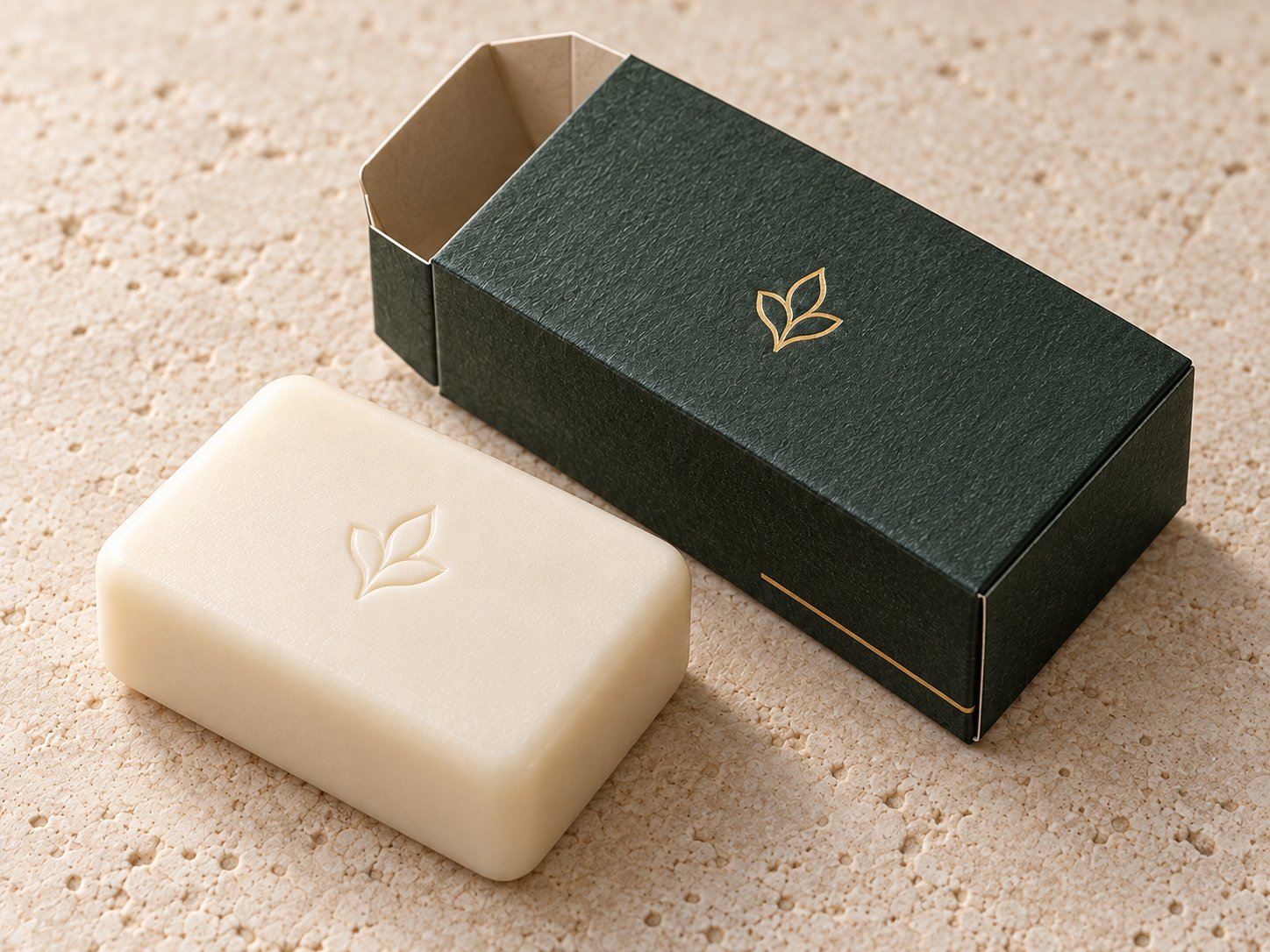 Close-up of the ivory rectangular soap, leaf motif and green carton texture