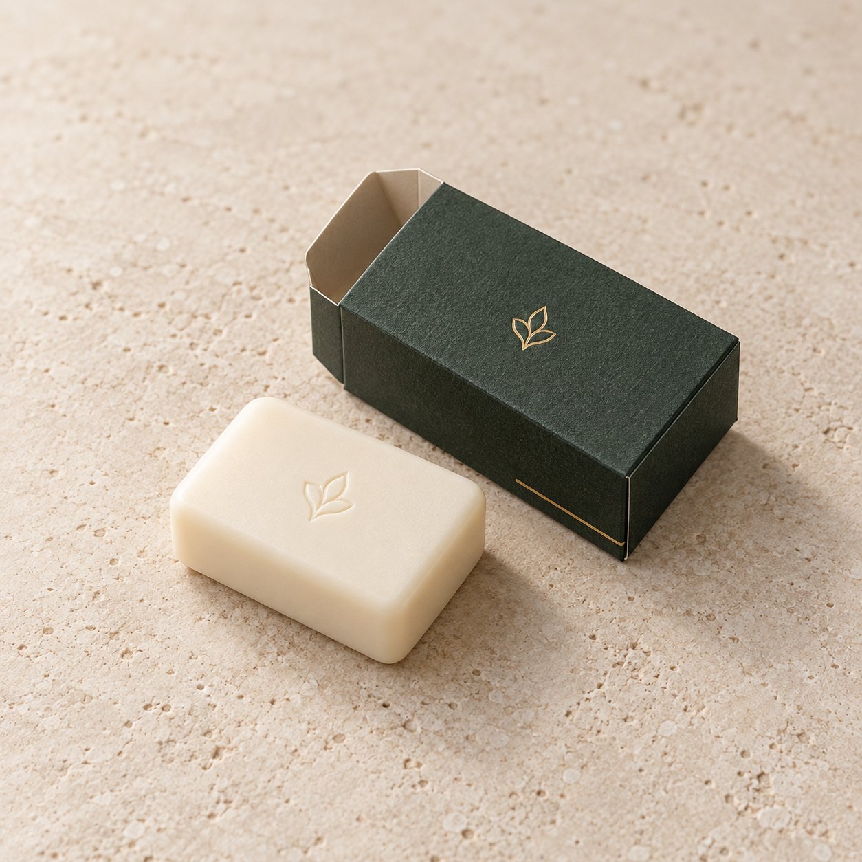Ivory rounded rectangular hotel soap beside a dark green folding carton with a botanical logo