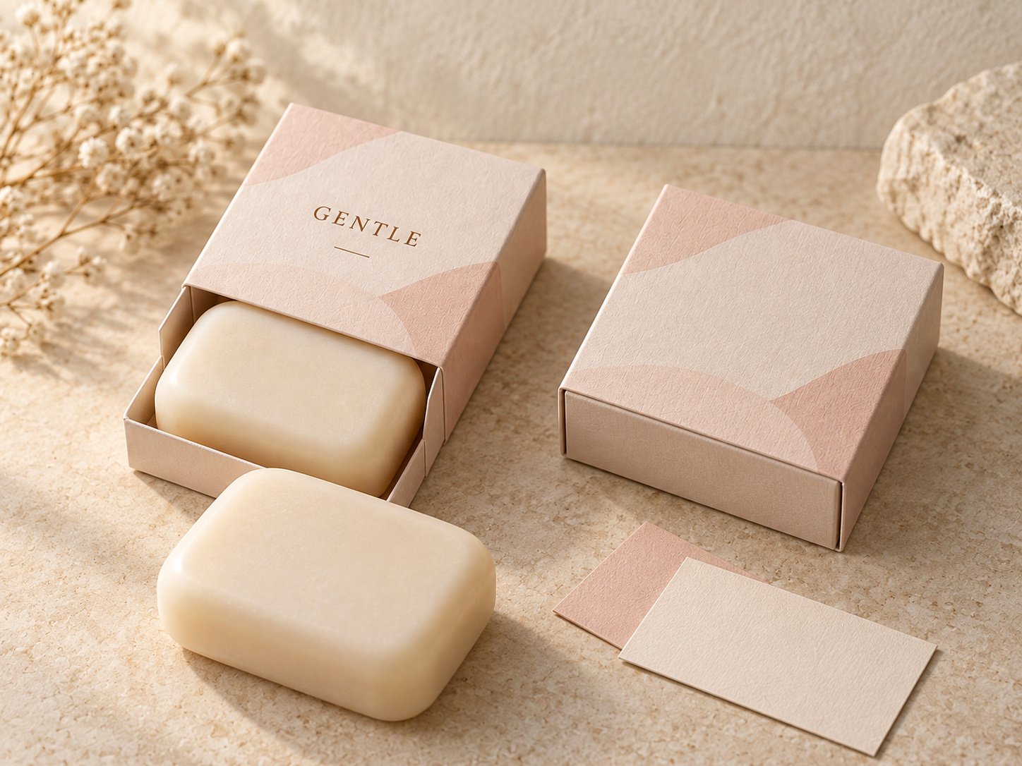 Ivory rectangular soaps with pale pink drawer boxes and a matching card
