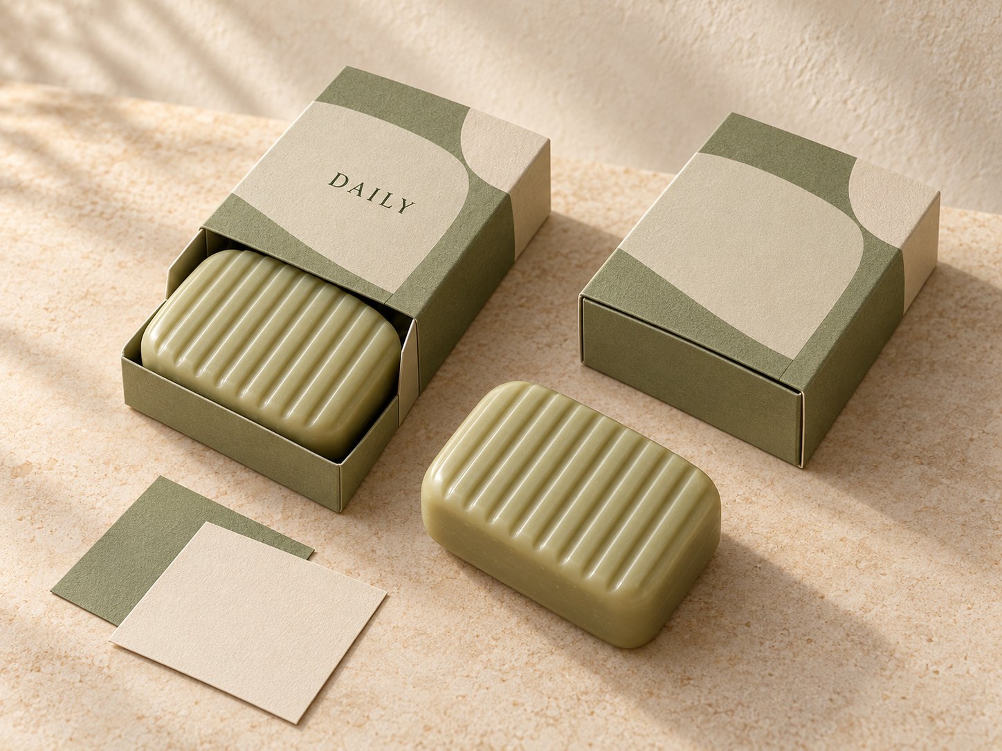Sage green ridged soaps with coordinated drawer boxes and a card
