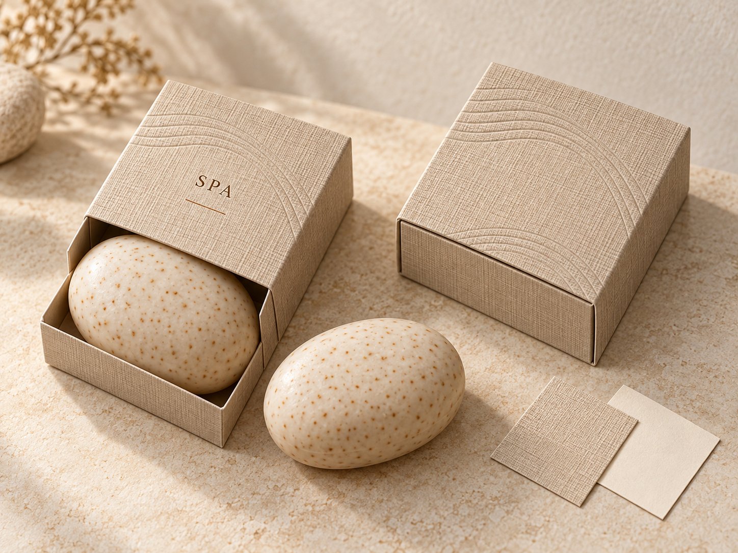 Speckled oval soaps with textured beige drawer boxes and a SPA card