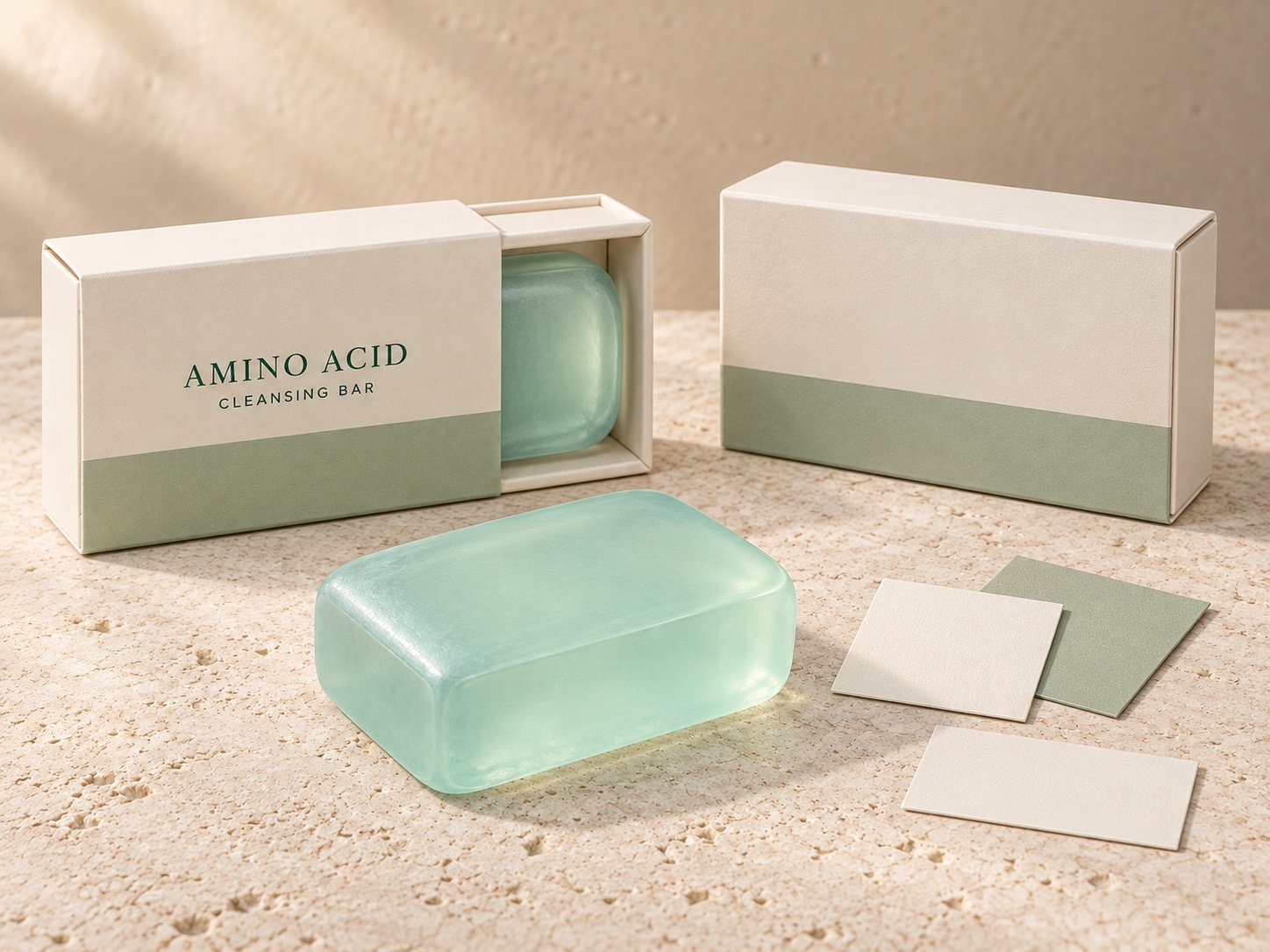 Custom transparent amino acid cleansing bar packaging with a drawer box and label cards