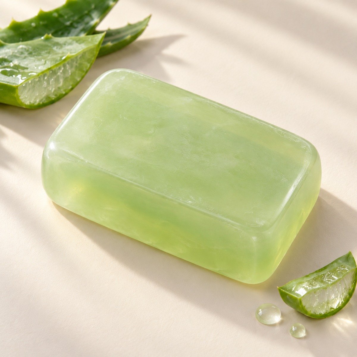 Green aloe vera soap bar beside aloe leaves