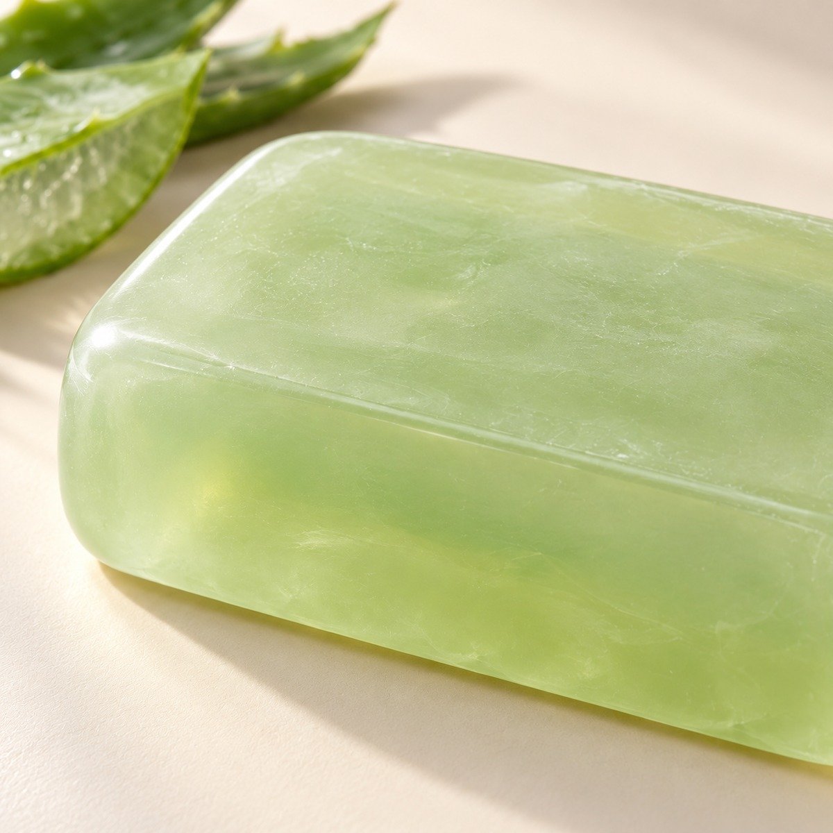 Close-up of the translucent green aloe vera soap surface and edge