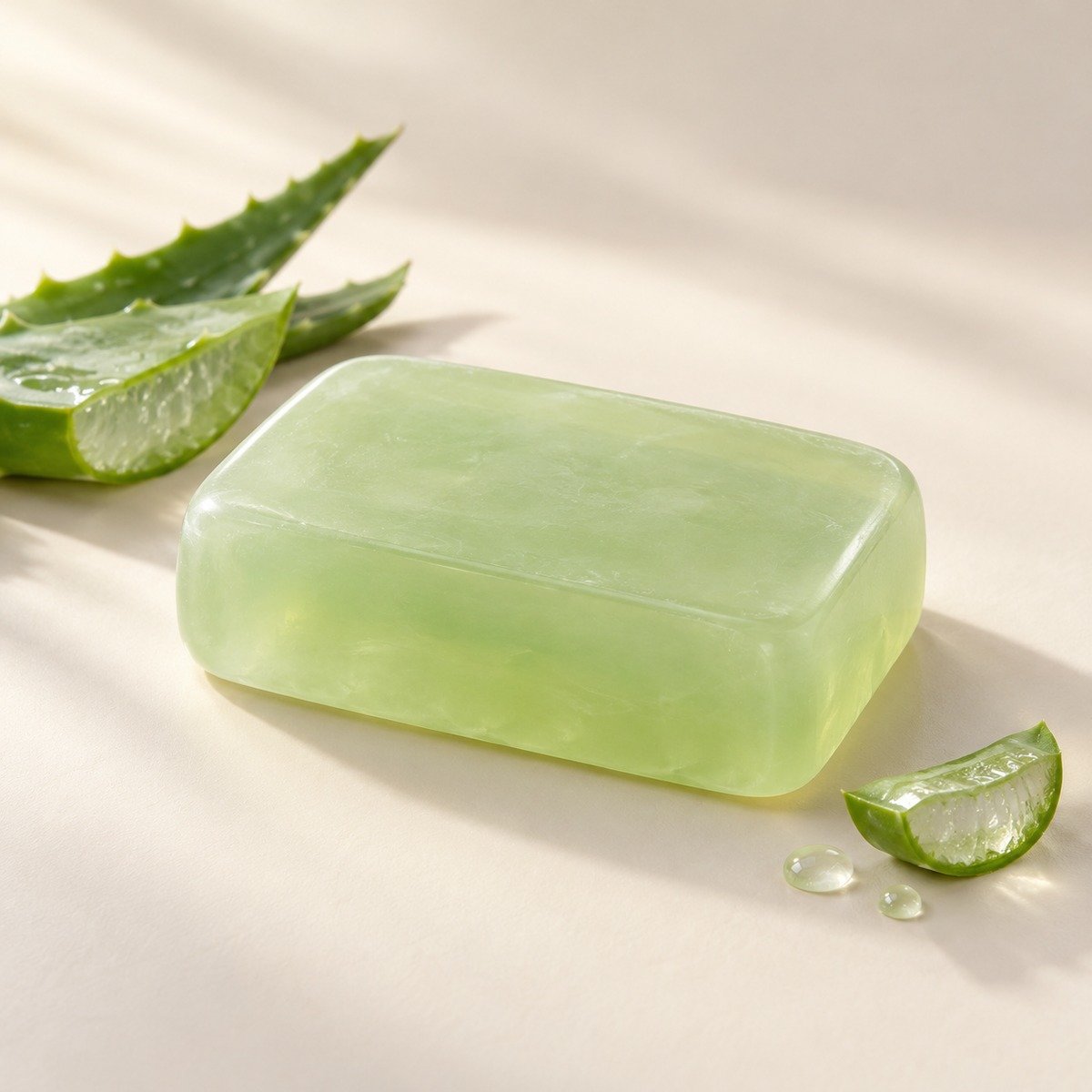Green aloe vera soap bar beside aloe leaves