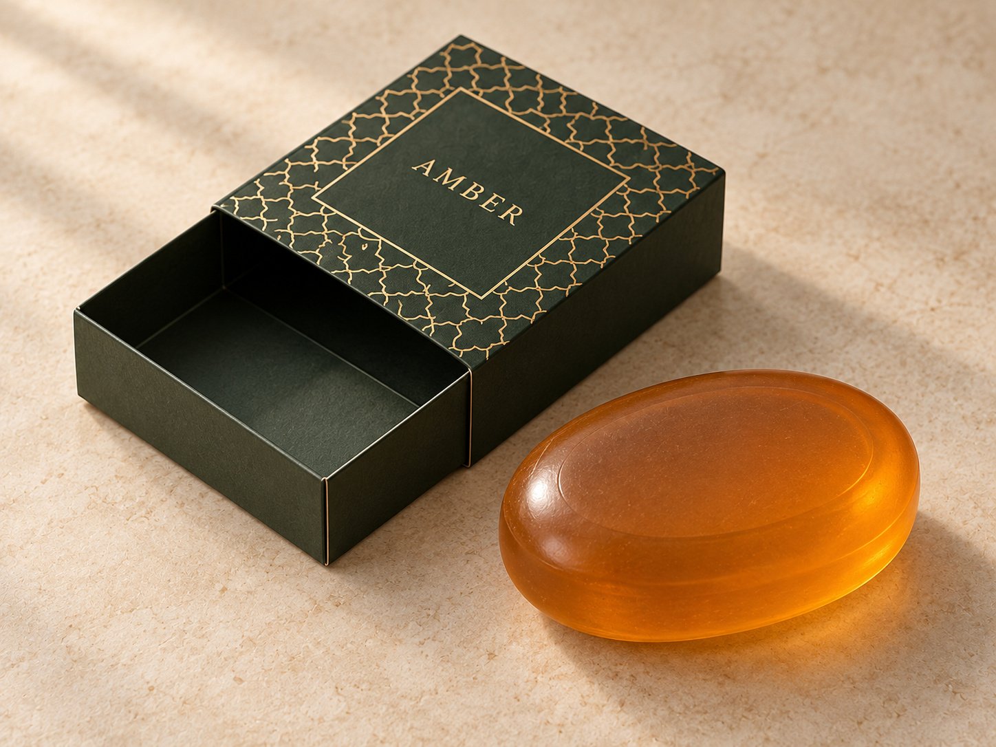 Transparent amber oval soap beside a green and gold patterned box