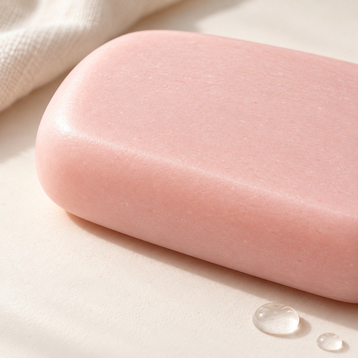 Close-up of the pink amino acid cleansing bar surface and rounded edge