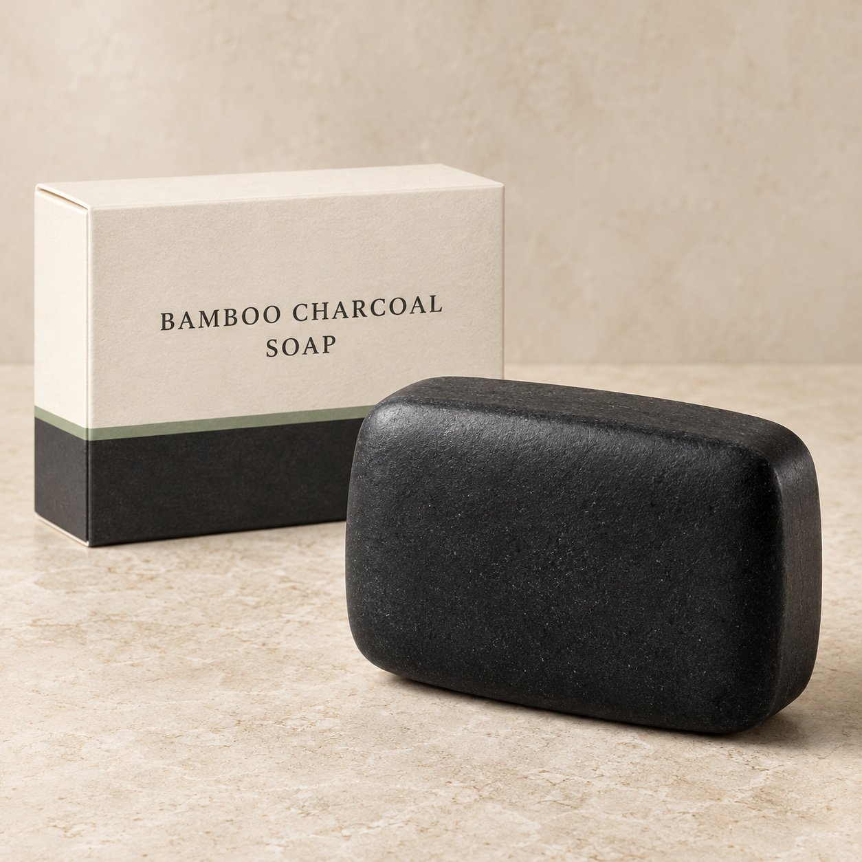 Black rounded rectangular bamboo charcoal soap with a cream and black private label box