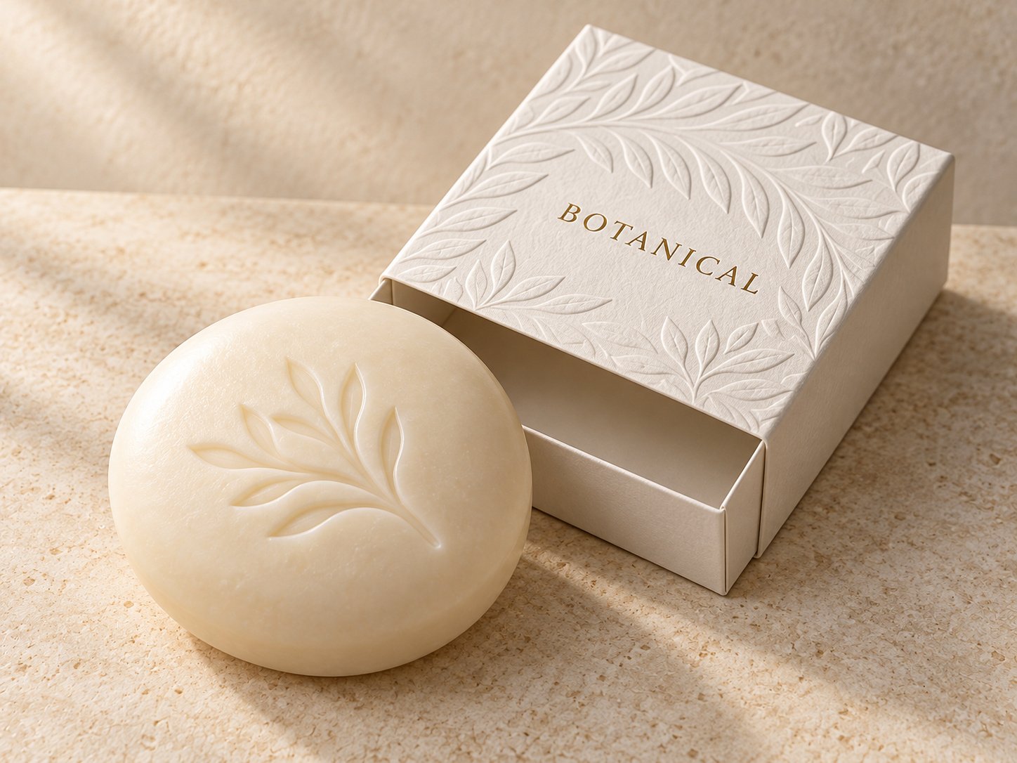 Leaf-embossed round soap beside an ivory botanical box