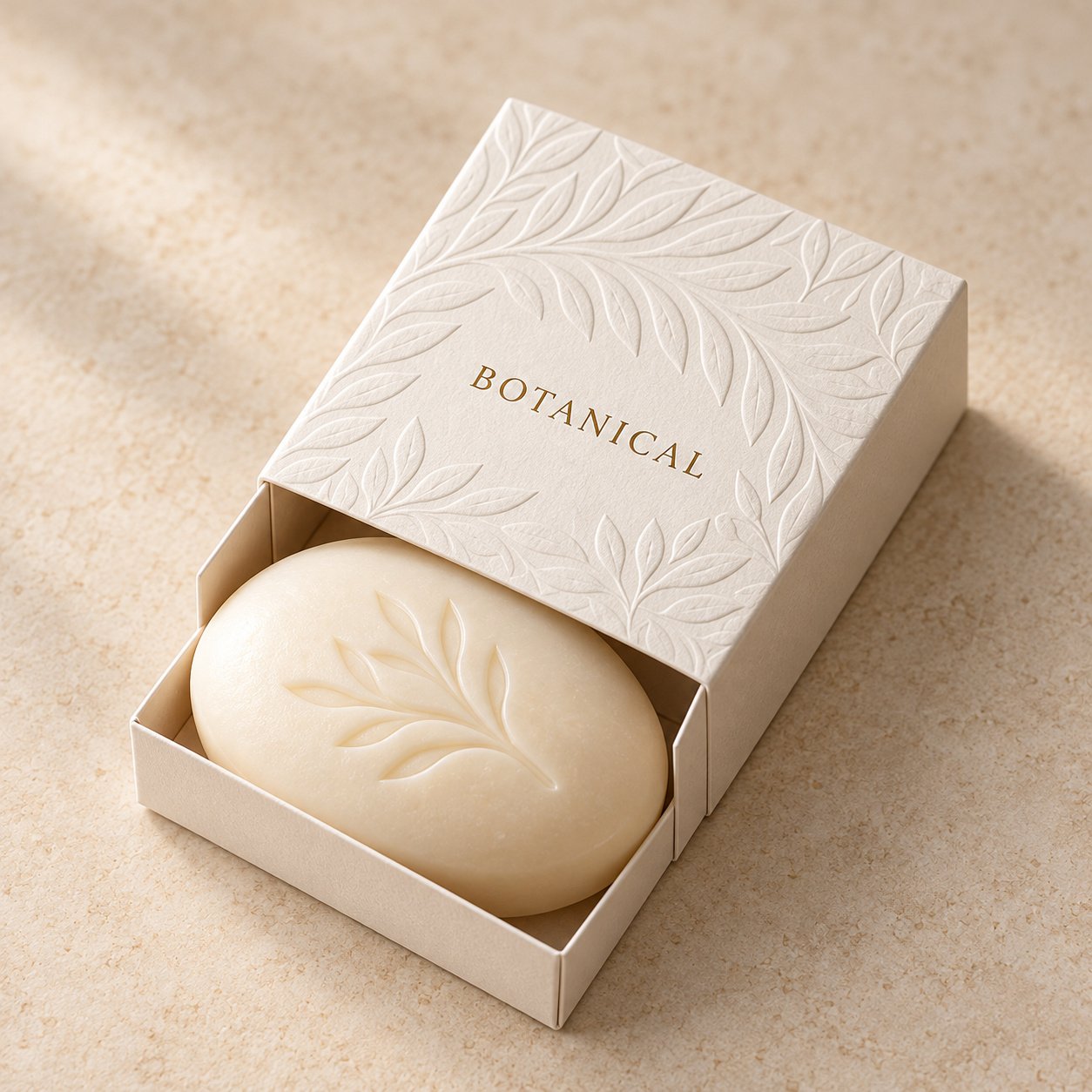 Ivory round soap with leaf embossing in a botanical drawer box