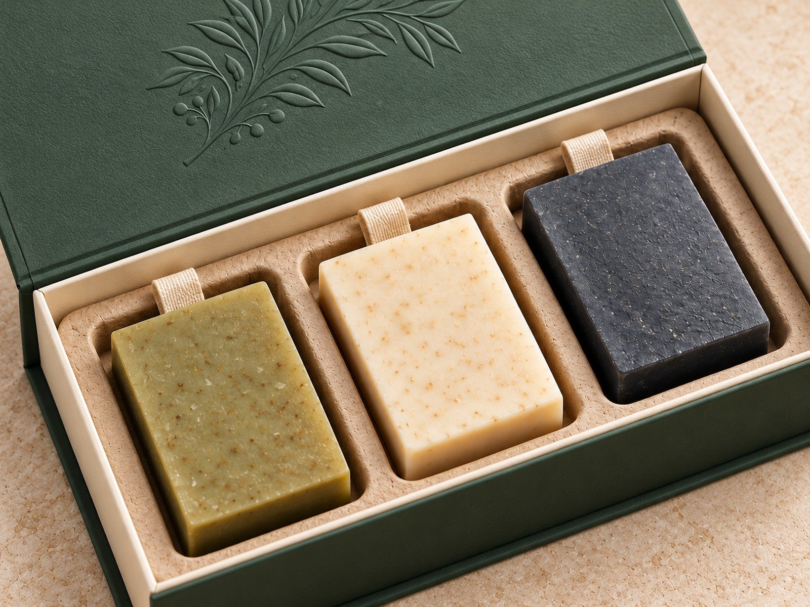 Close-up of three soap bars in separate cream insert compartments