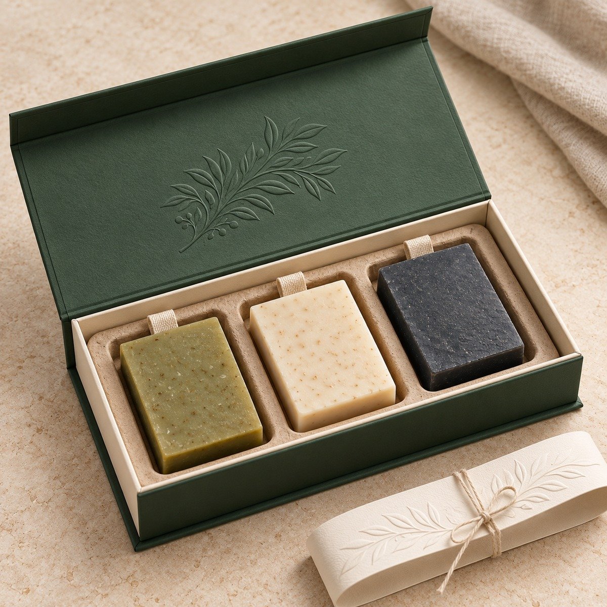 Three differently colored rectangular soaps in a dark green botanical gift box