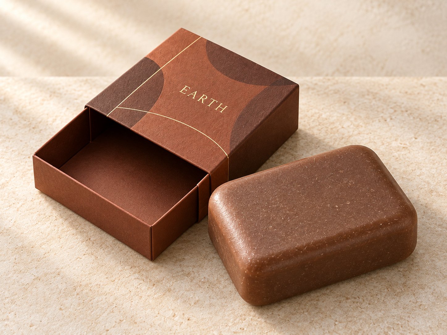 Brown rounded rectangular soap beside its open terracotta patterned box
