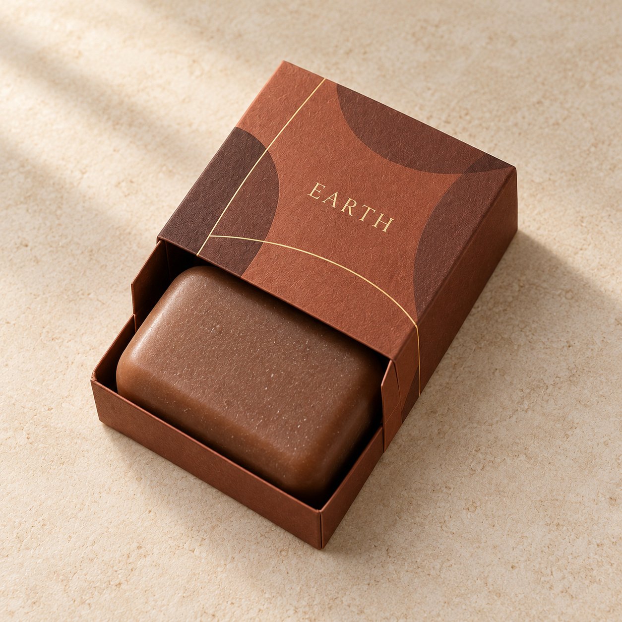 Brown rounded rectangular soap in a terracotta patterned drawer box