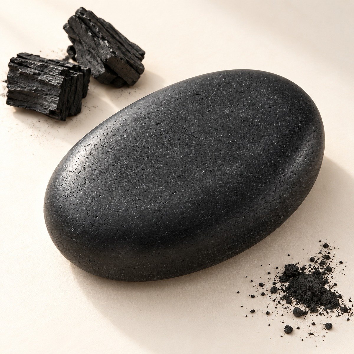 Black oval charcoal soap bar beside charcoal pieces