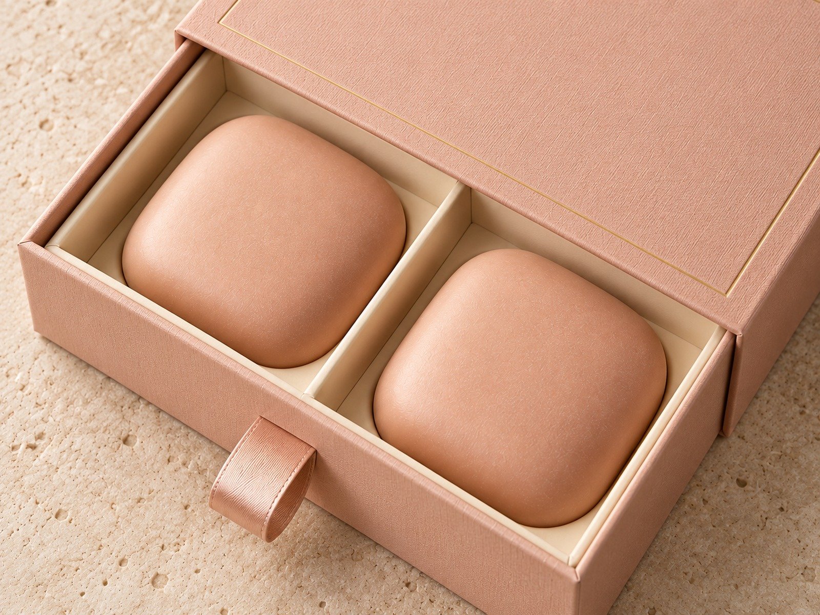 Close-up of two peach bars and the divided insert inside a drawer box
