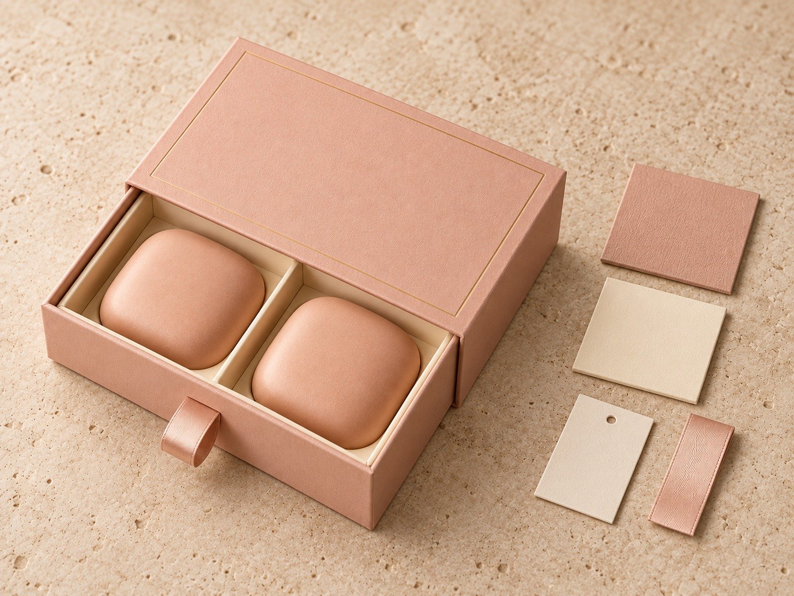 Peach drawer soap gift set with coordinated cards, tags and ribbon