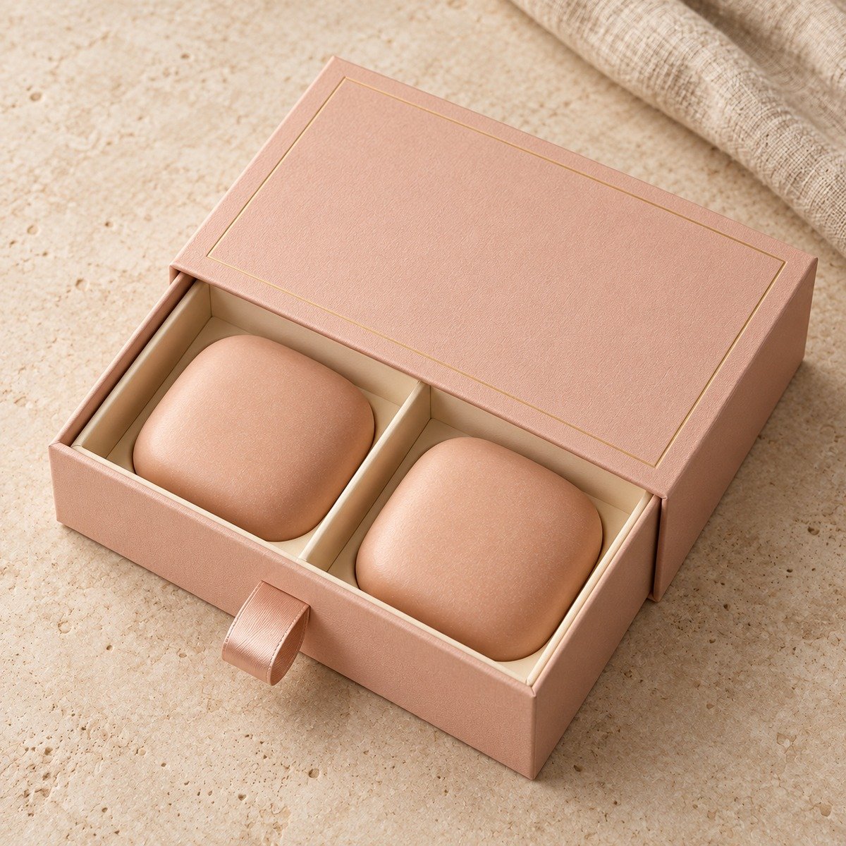 Two peach rounded-square soaps in a peach drawer gift box with a ribbon pull
