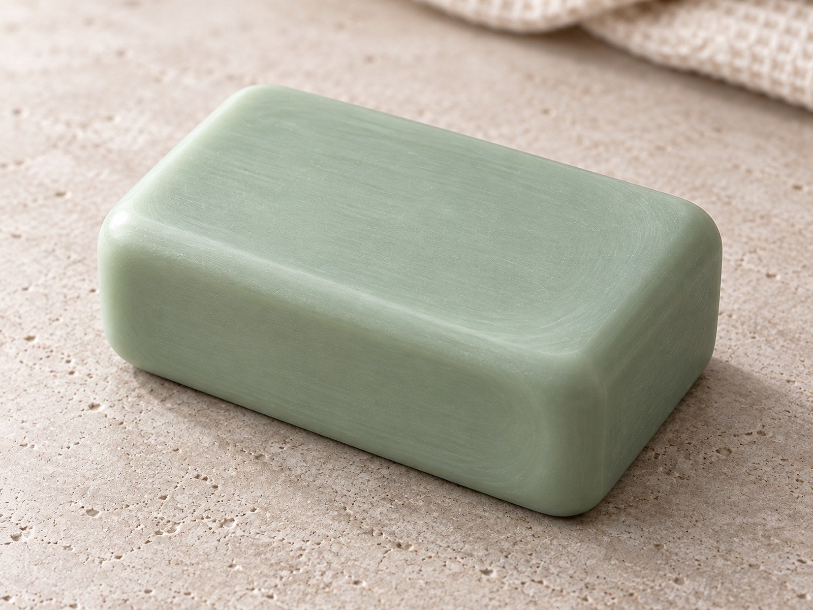 Close-up of the smooth sage green facial soap surface and rounded edges