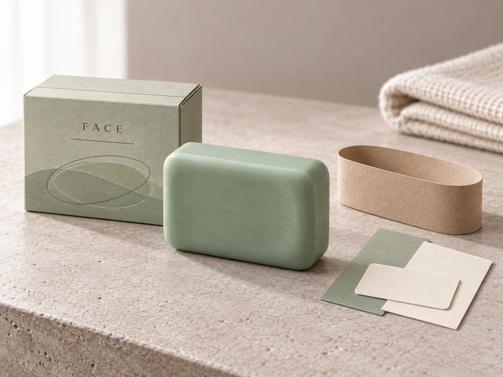 Green facial soap with a matching printed box, paper sleeve and cards