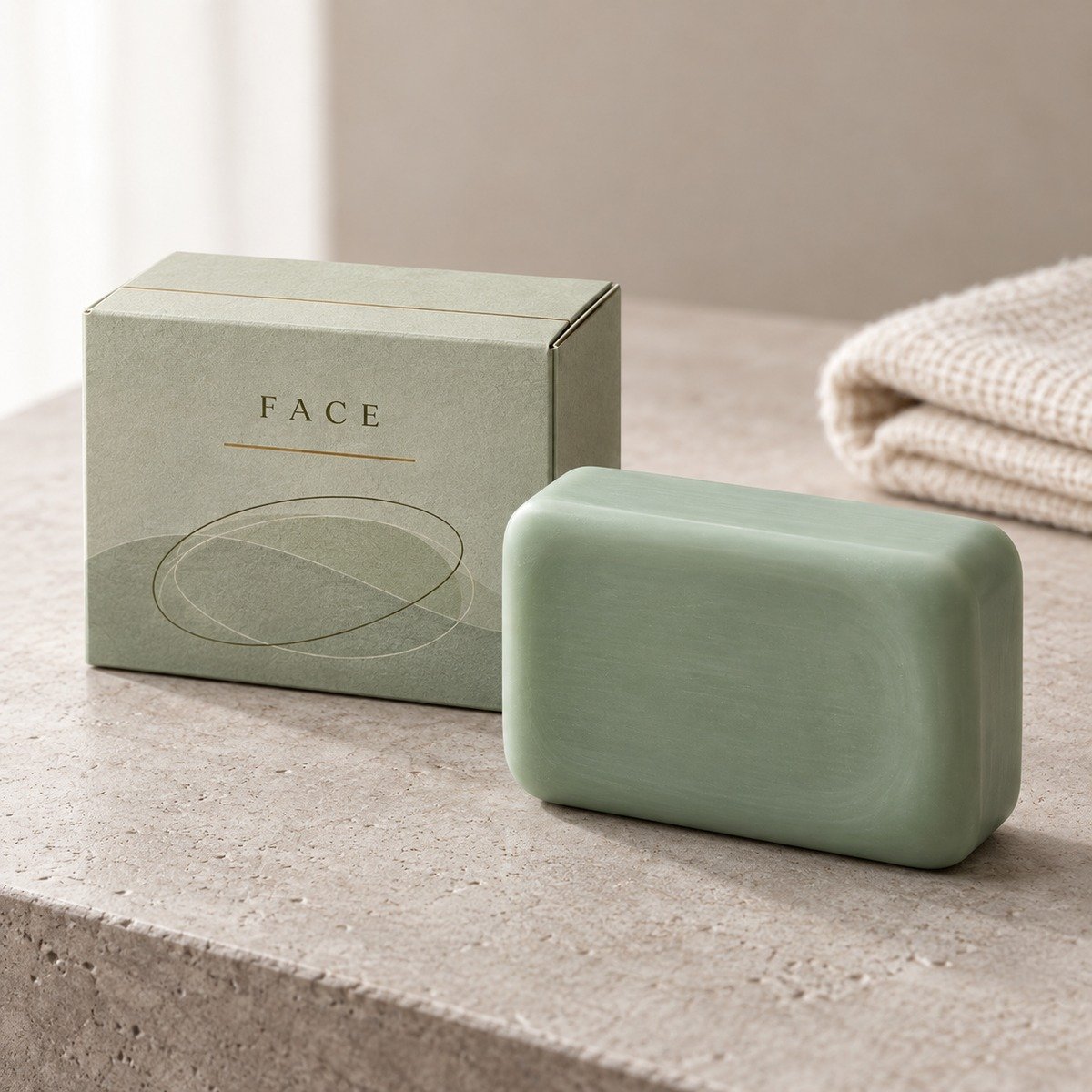 Sage green rounded rectangular facial soap beside a coordinated FACE box