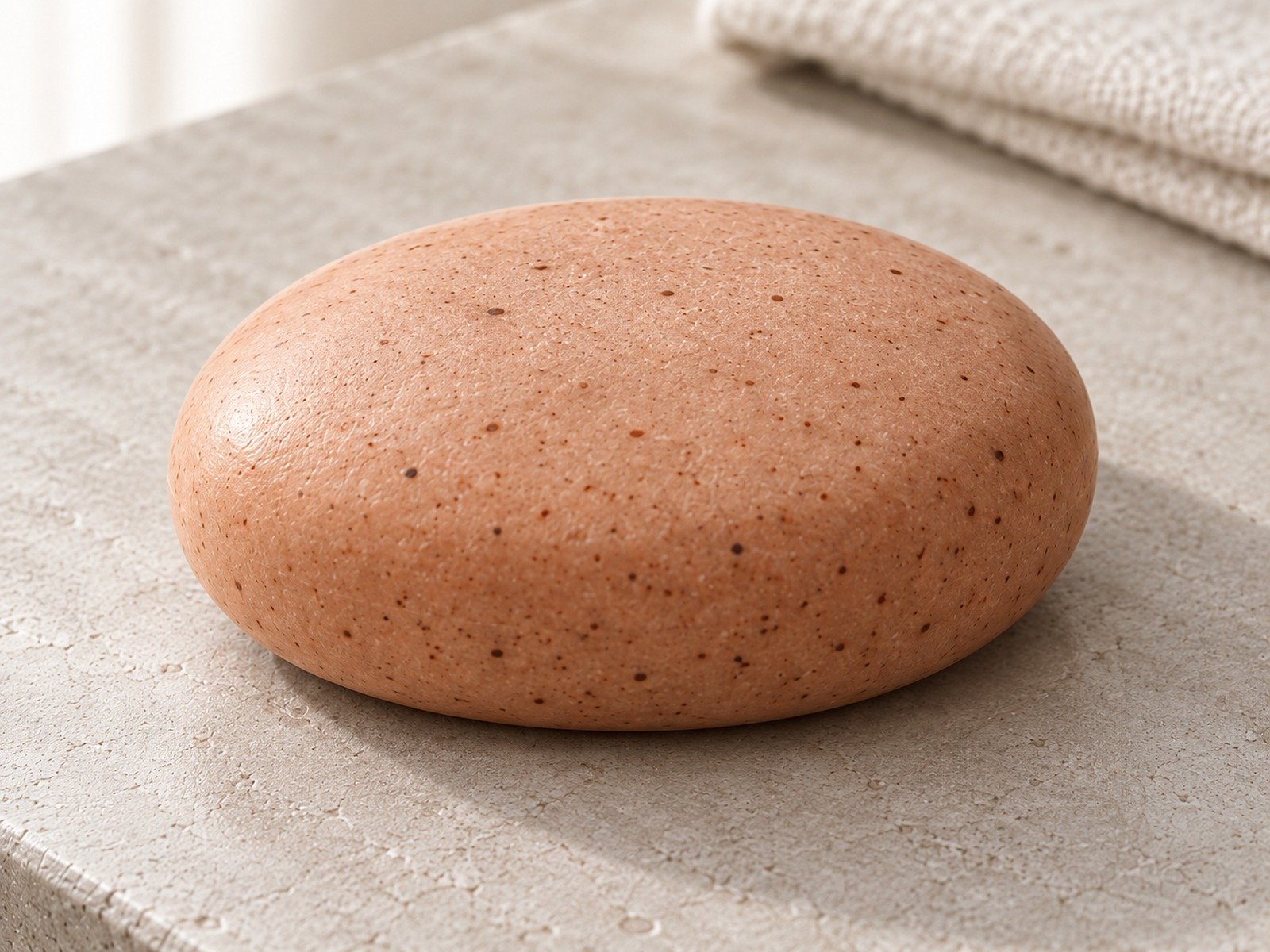 Close-up of the terracotta oval soap with a speckled surface