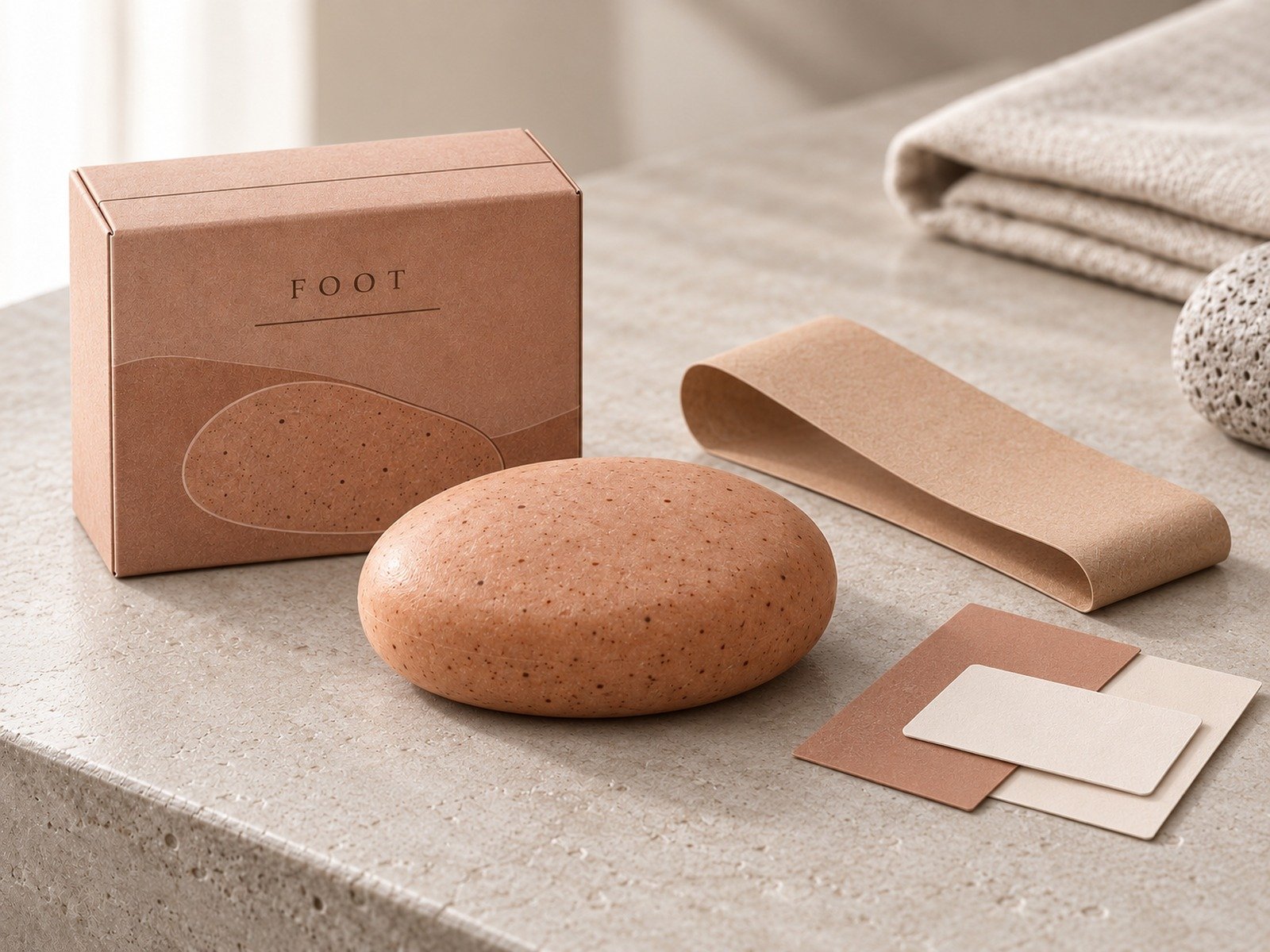 Oval foot cleansing soap with a terracotta printed box, paper sleeve and cards