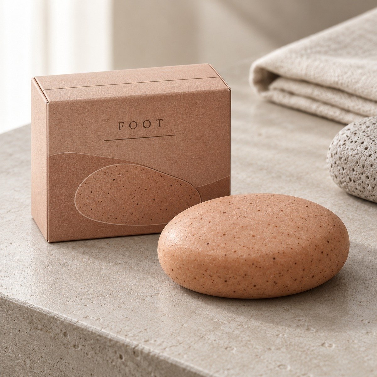 Speckled terracotta oval foot cleansing soap beside a coordinated FOOT box