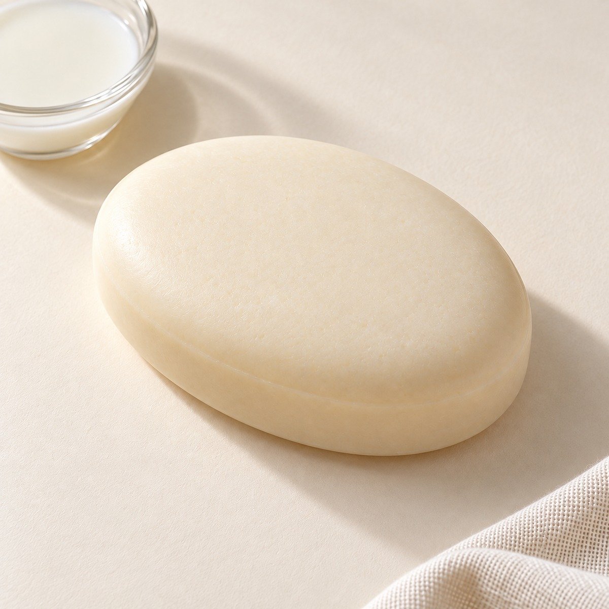 Ivory oval goat milk soap bar beside a glass dish of milk
