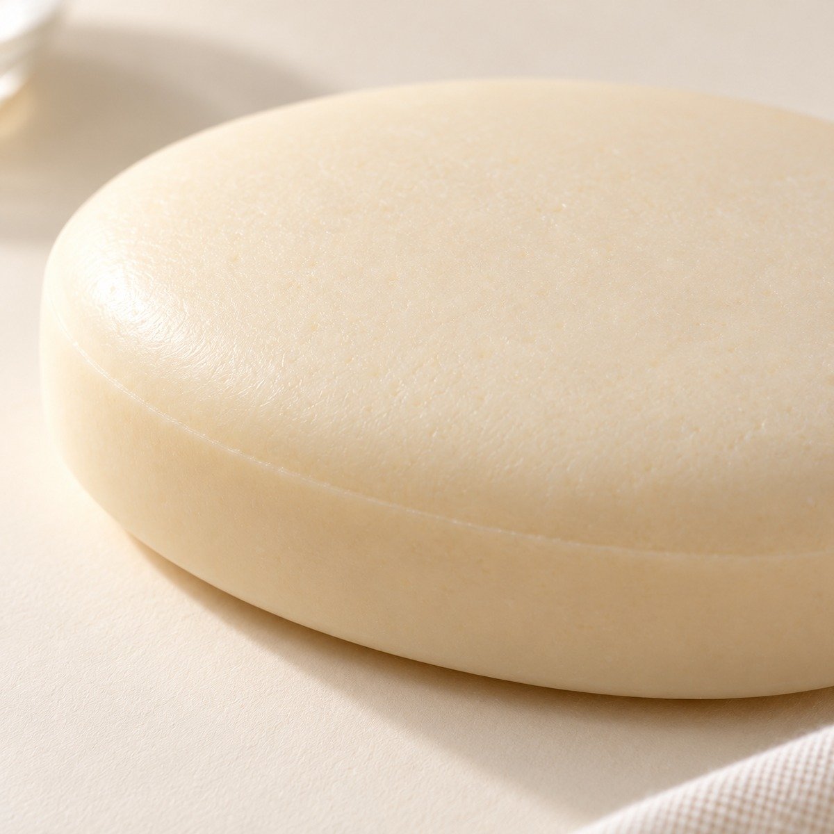 Close-up of the ivory goat milk soap surface and rounded edge