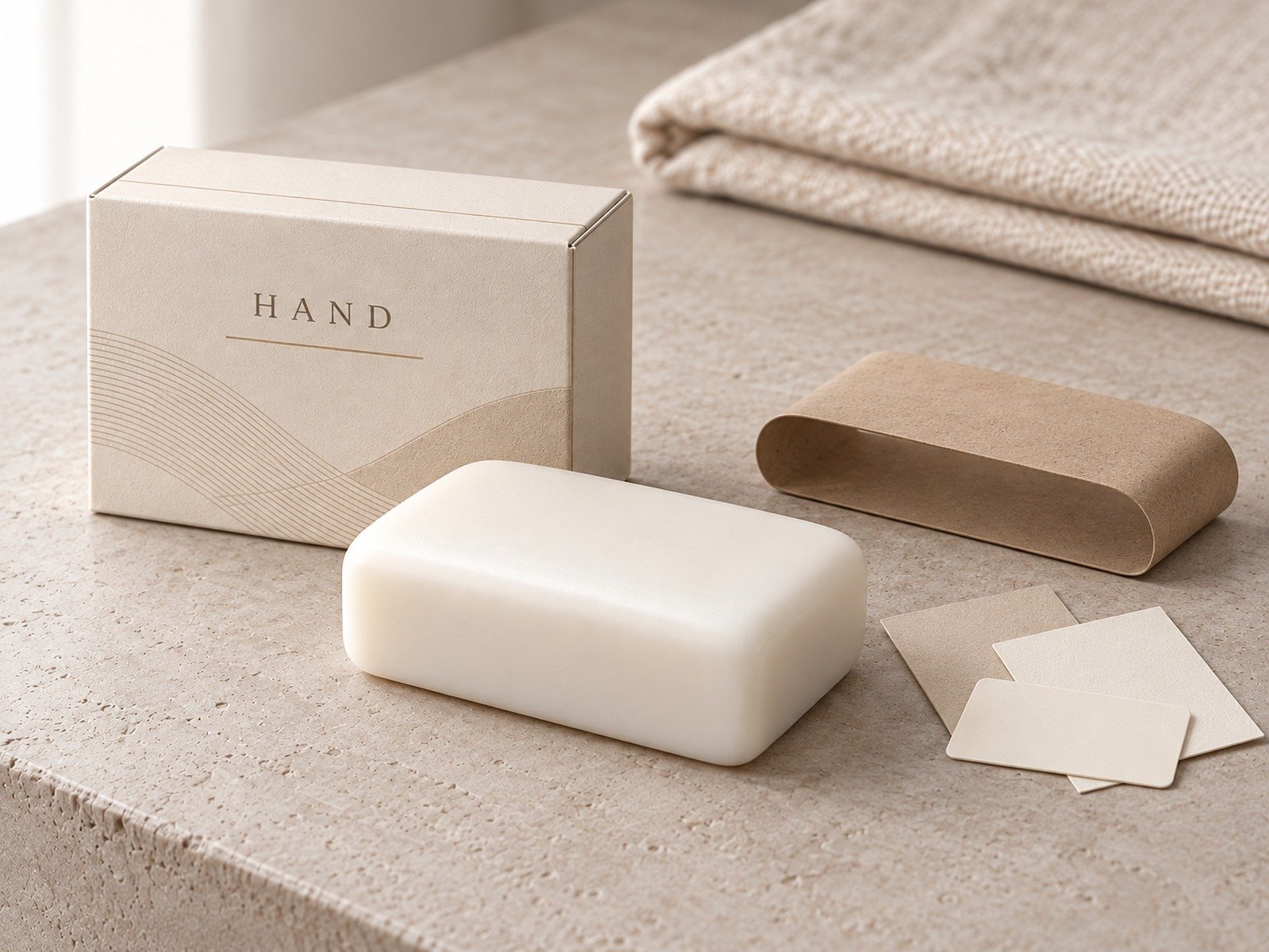 Ivory hand soap with a beige printed box, paper sleeve and matching cards