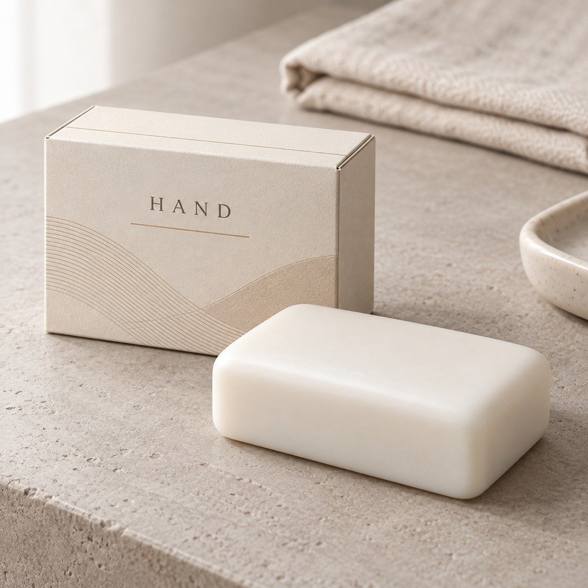 Ivory rounded rectangular hand soap beside a beige HAND box