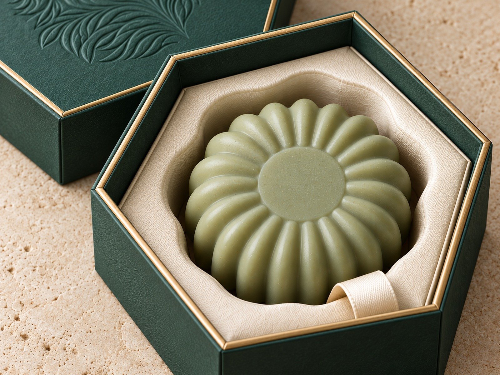 Close-up of the flower-shaped soap, cream insert and hexagonal box edges