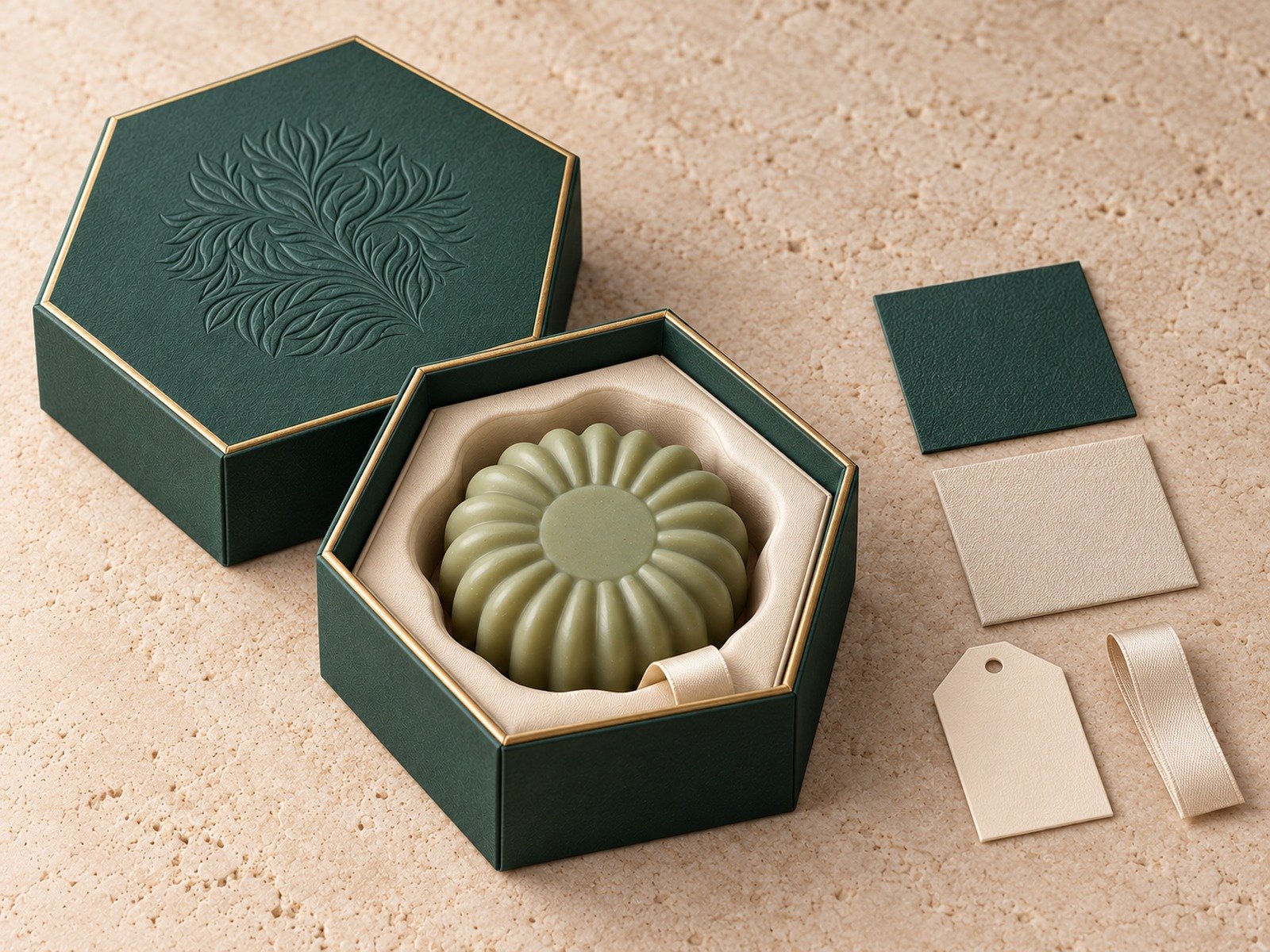 Hexagonal soap gift box with botanical lid artwork and matching cards