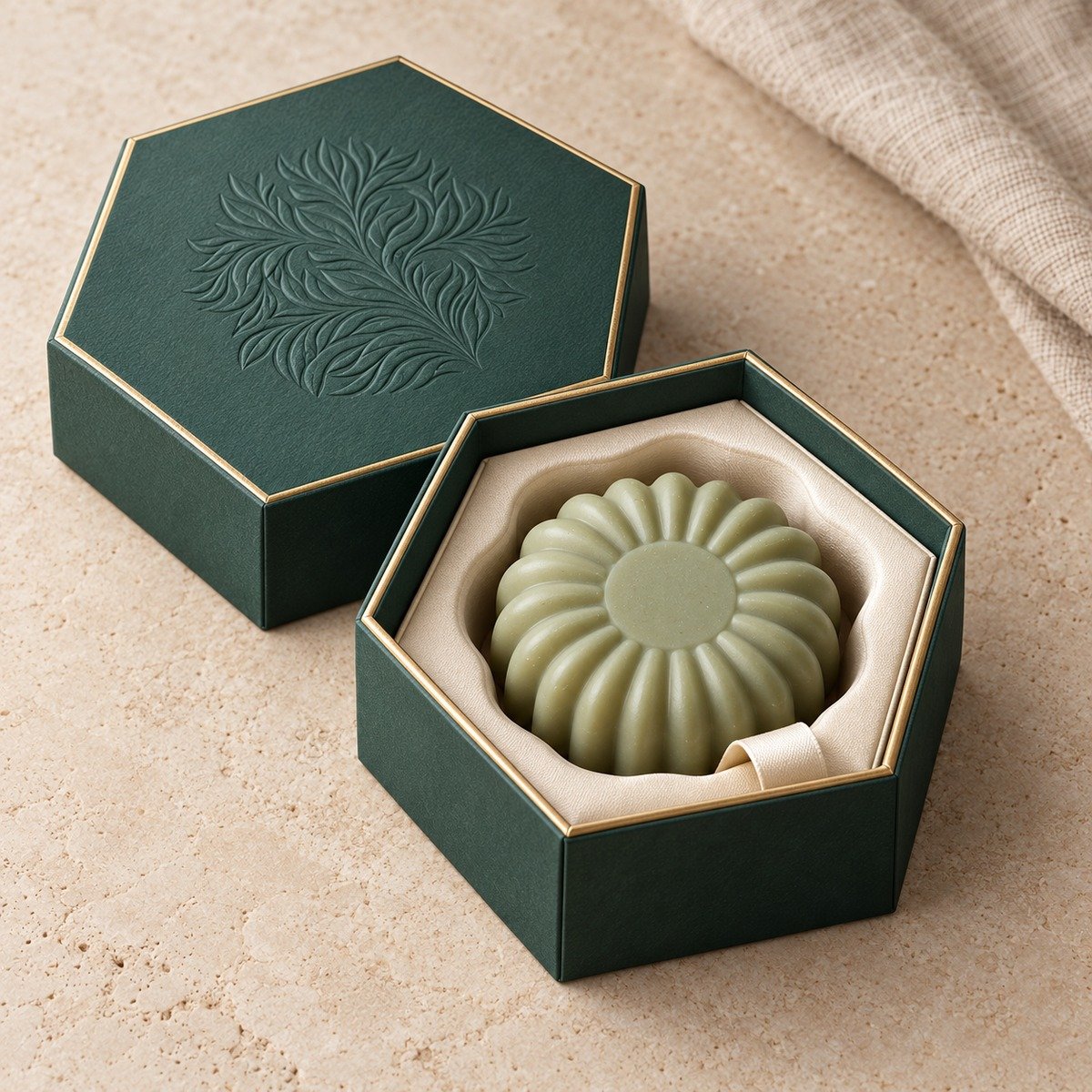 Sage green flower-shaped soap in a dark green hexagonal gift box with a cream insert