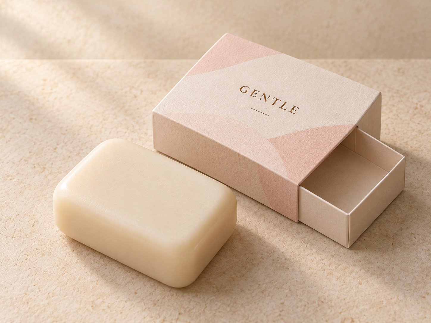 Ivory rounded rectangular soap beside a pale pink box