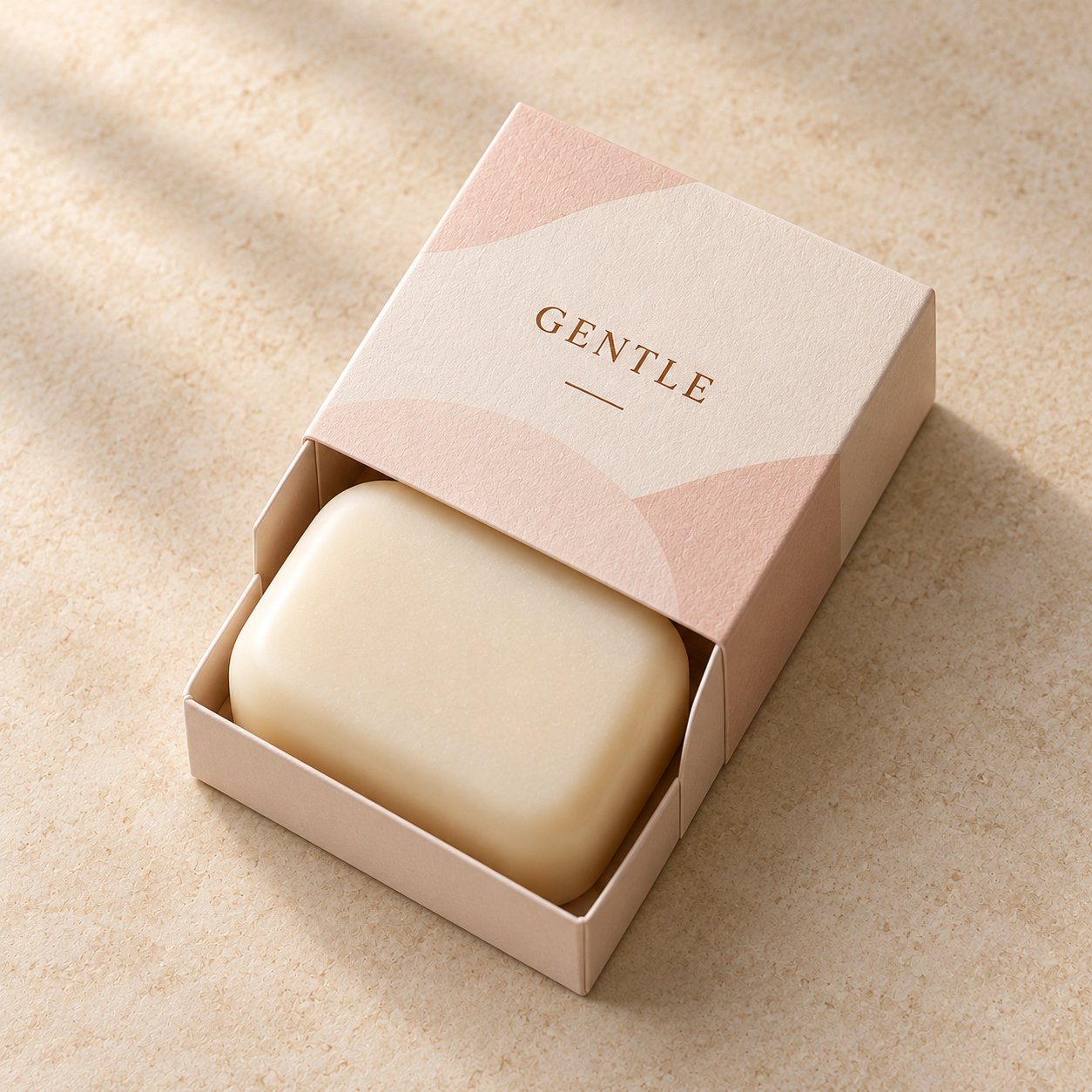 Ivory rounded rectangular soap in a pale pink patterned drawer box