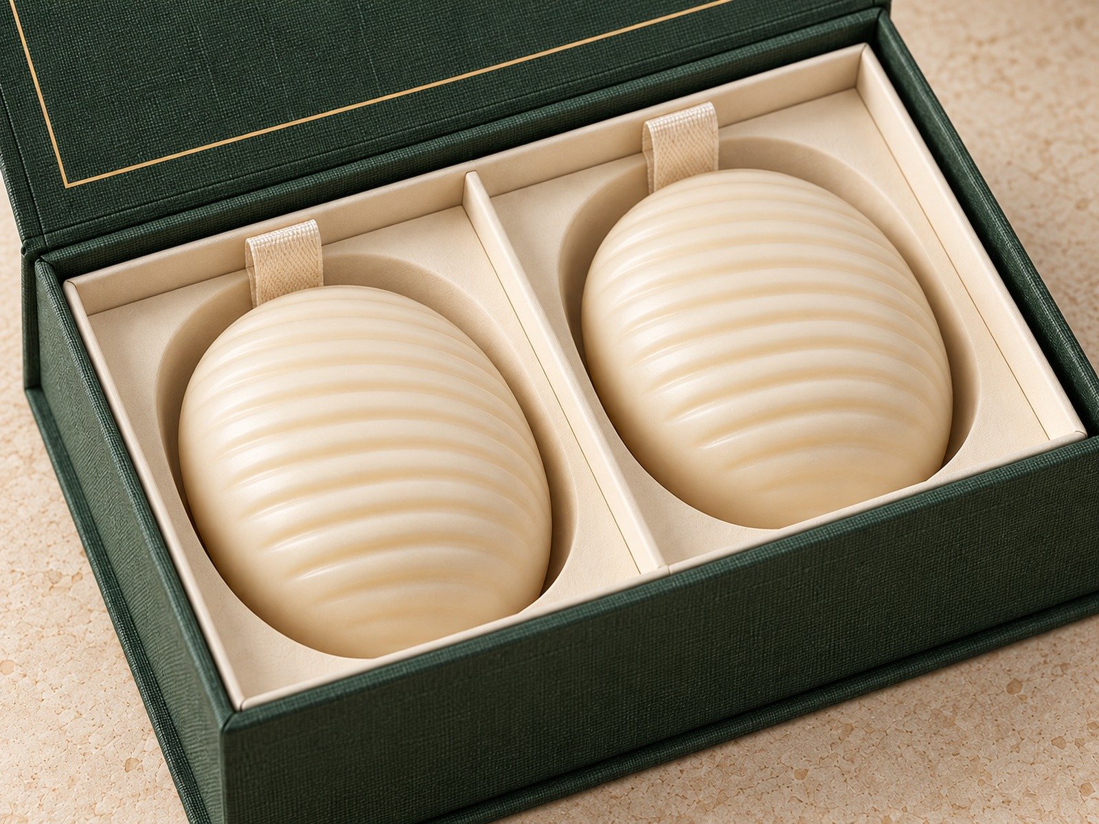 Close-up of ribbed ivory soaps, cream compartments and flip-top lid