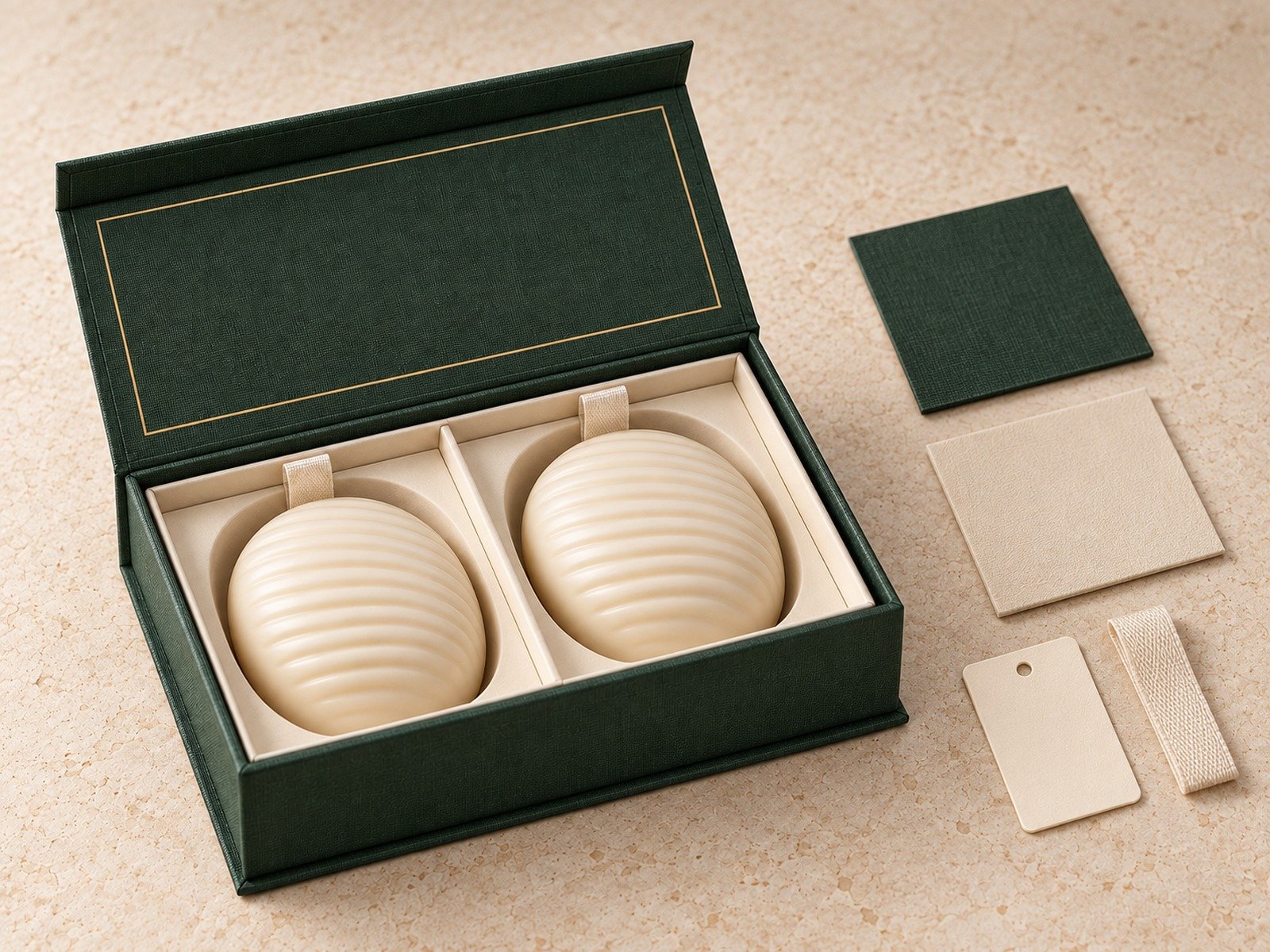 Dark green flip-top soap gift box with matching cards and packaging accessories