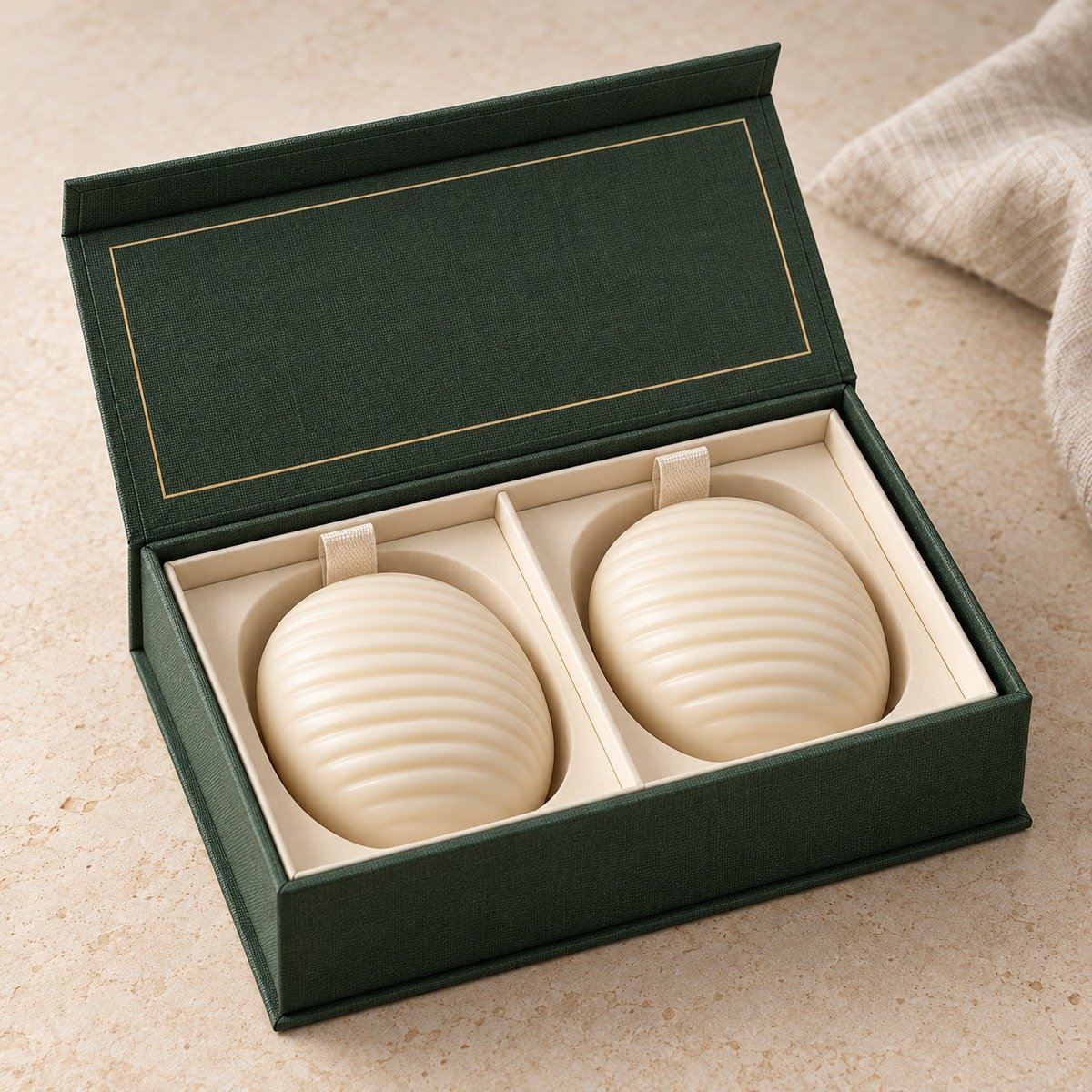 Two ivory ribbed round soaps in a dark green textured flip-top gift box