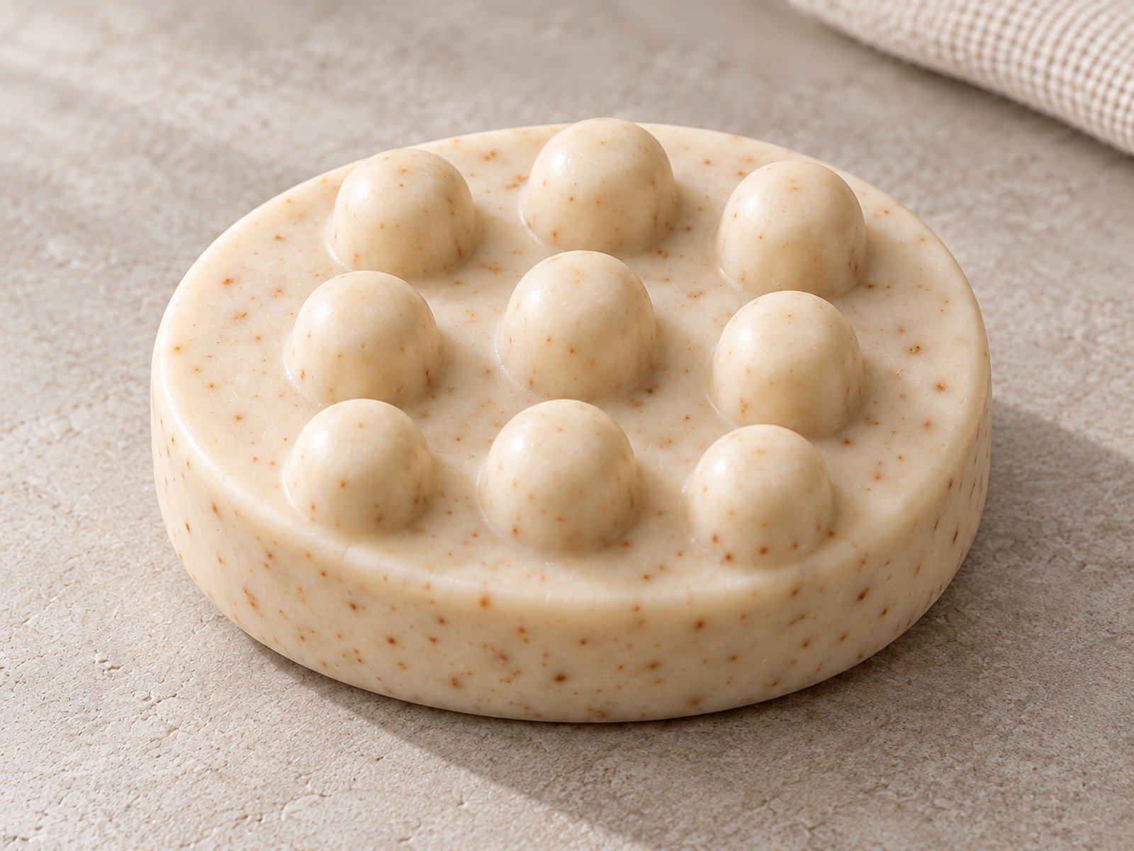 Close-up of the rounded massage nodes and speckled body soap surface