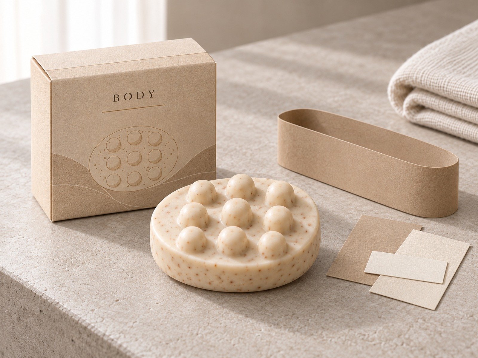 Massage body soap with a beige printed box, paper sleeve and matching cards