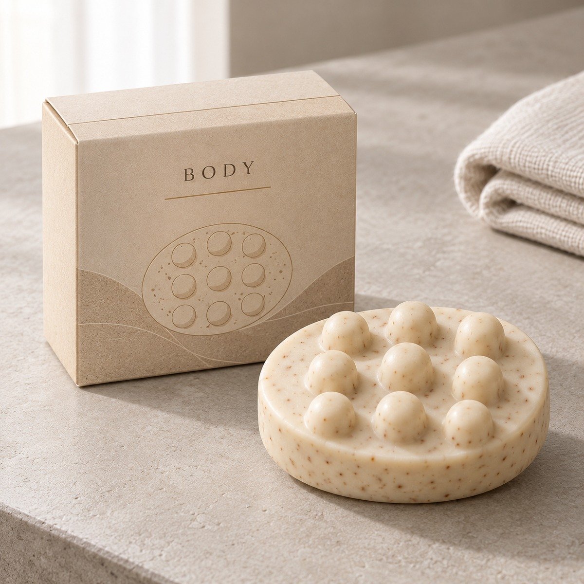 Speckled ivory round massage body soap with raised rounded nodes and a beige box