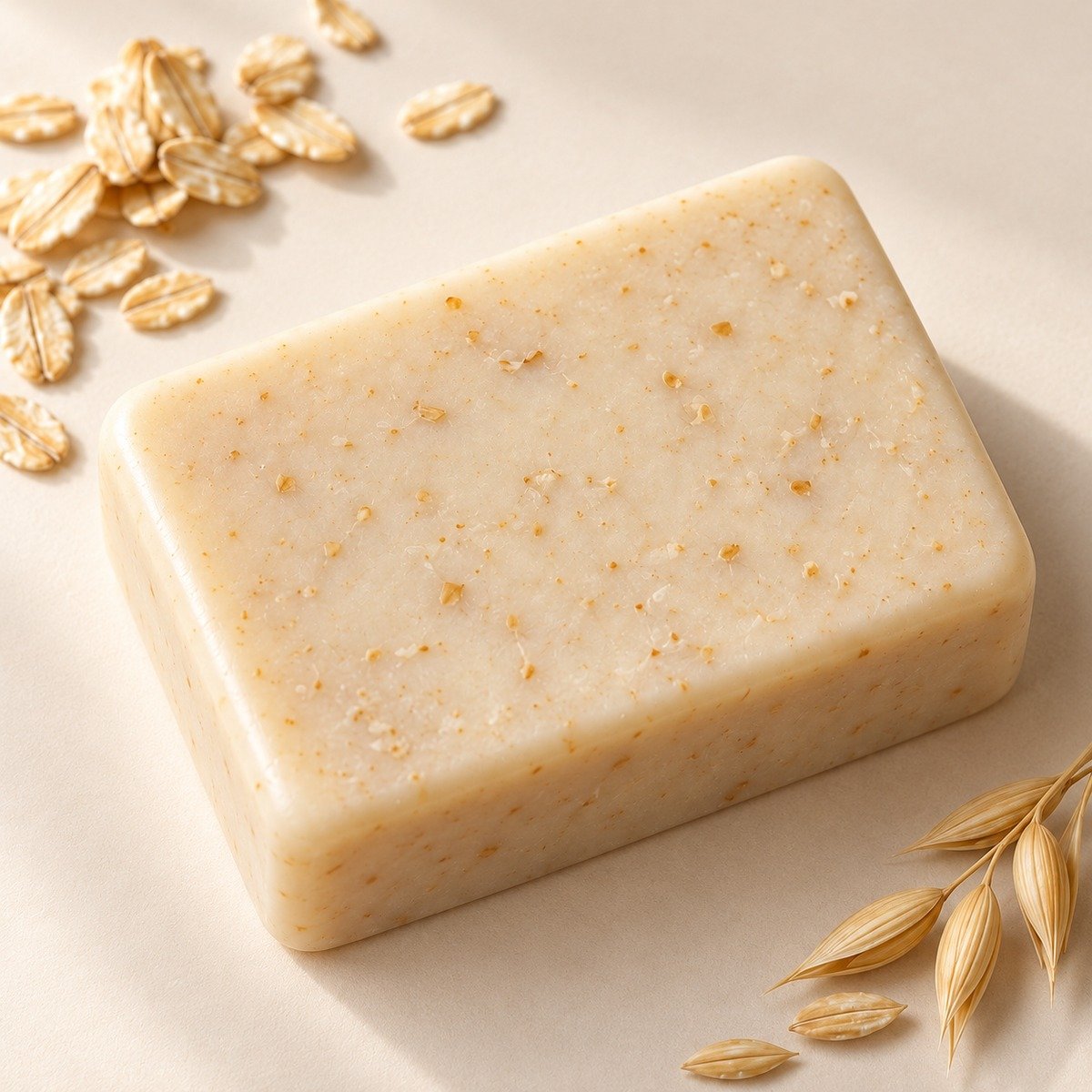 Ivory rectangular oatmeal soap bar with oat flakes